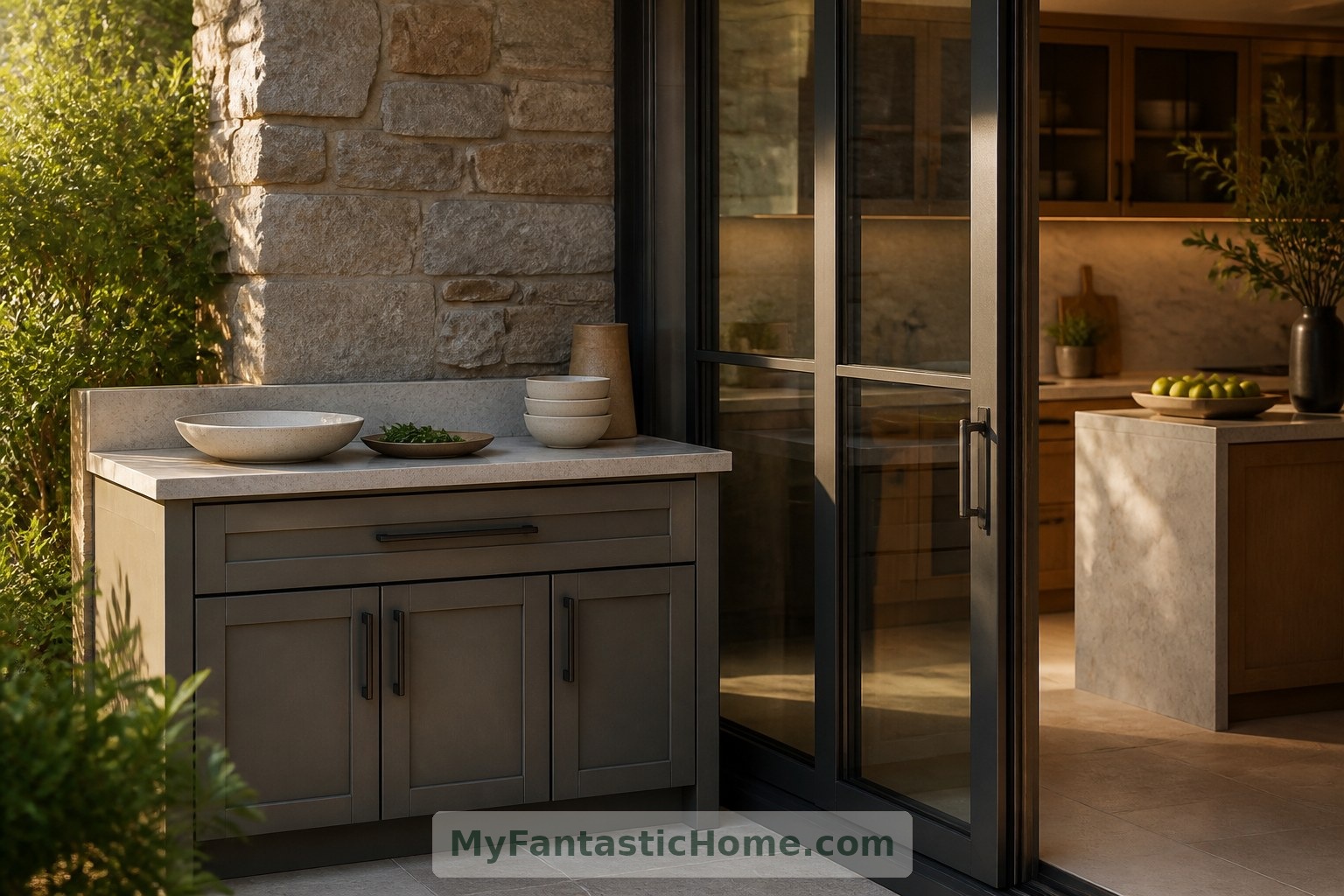 يسهّل سطح لتحضير الطعام بالقرب من المطبخ الداخلي تناول الطعام في الهواء الطلق في هذا المنزل المتخيّل.
