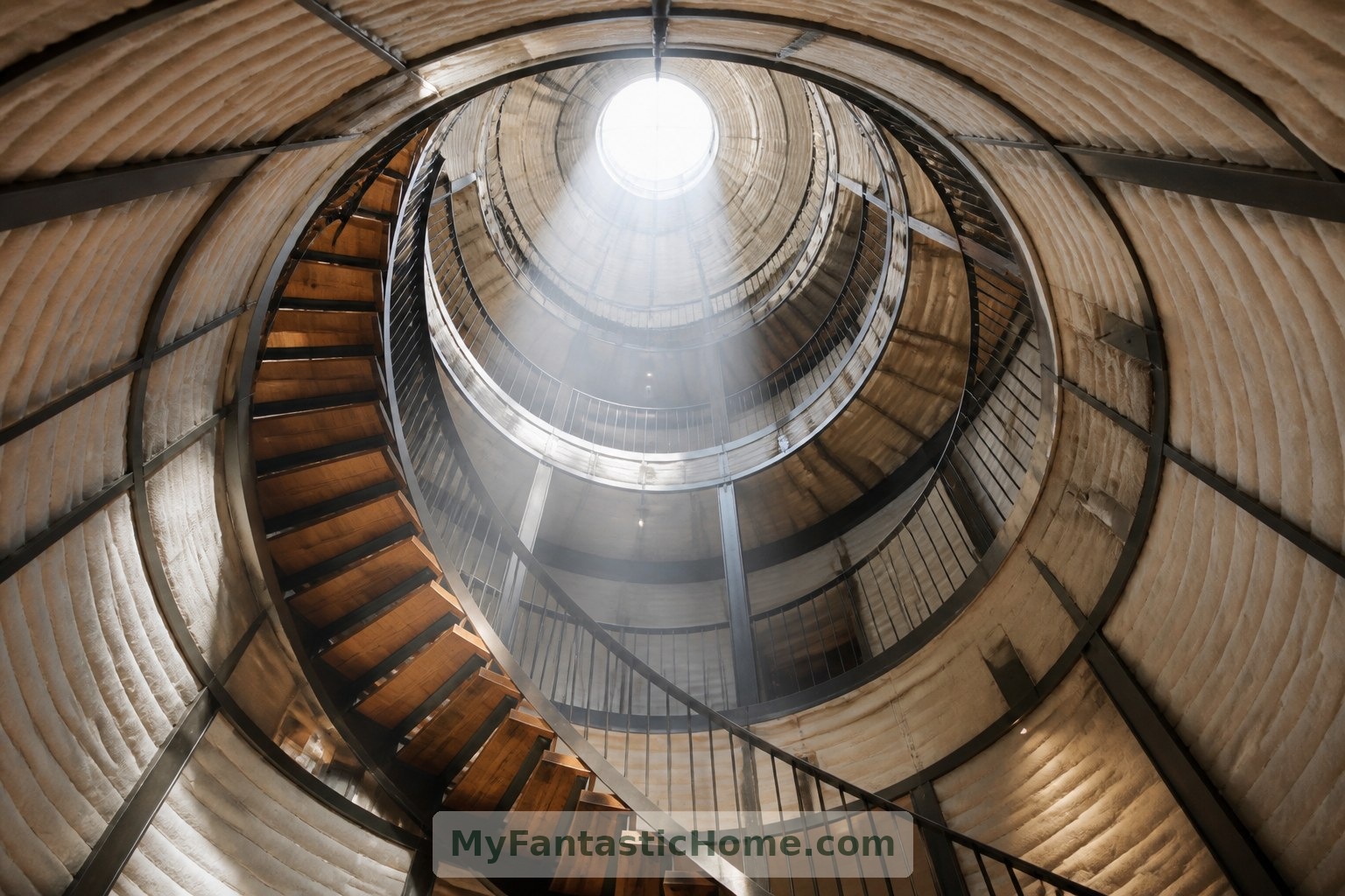 حيّز سلّم متخيّل: تمنح درجات خشبية ونافذة سقفية الفراغ الداخلي الرأسي دفئًا وضوء نهار.