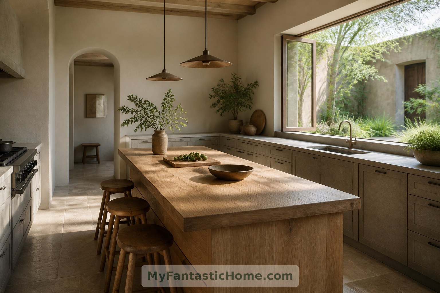 Eine zum Garten ausgerichtete Kücheninsel aus Eichenholz bietet in der geplanten Küche beim täglichen Kochen einen Blick ins Grün.