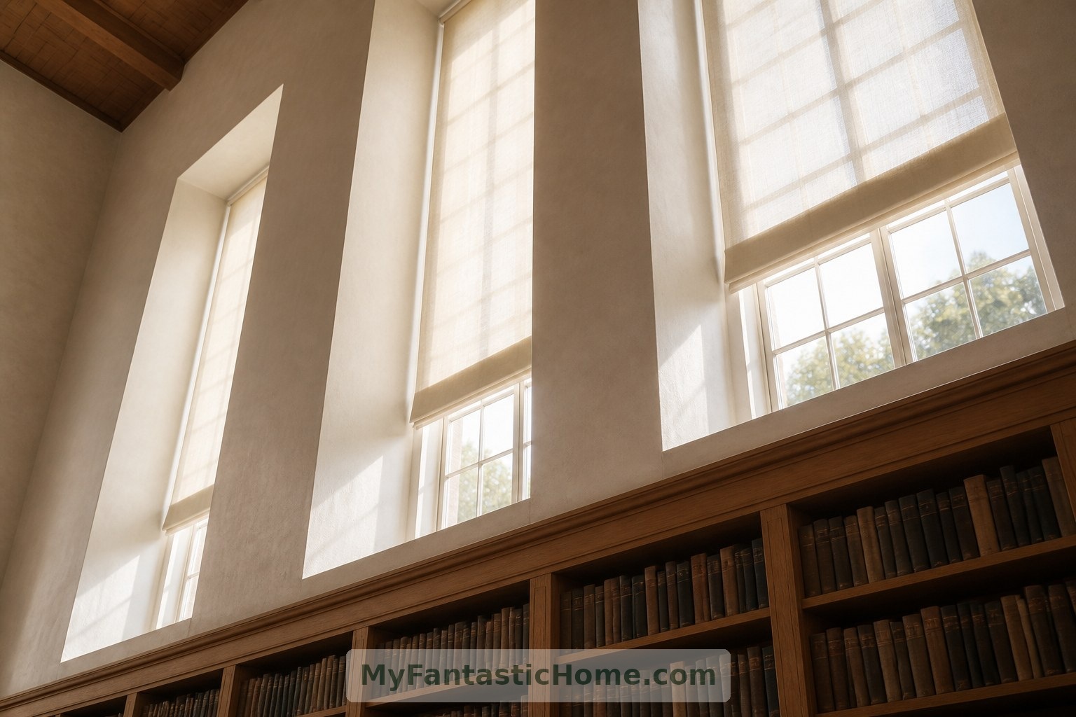 Hoch liegende Fenster und verstellbare Sonnenschutzvorrichtungen ermöglichen Tageslichteinfall und begrenzen zugleich die direkte Sonneneinstrahlung.
