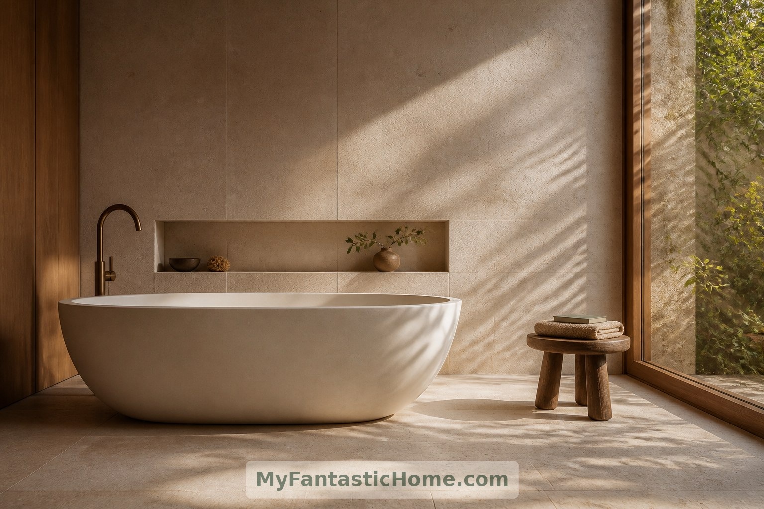 Großzügiger Freiraum um die Badewanne und ein praktisch platzierter Hocker verleihen der Badenische eine Atmosphäre ohne Eile.