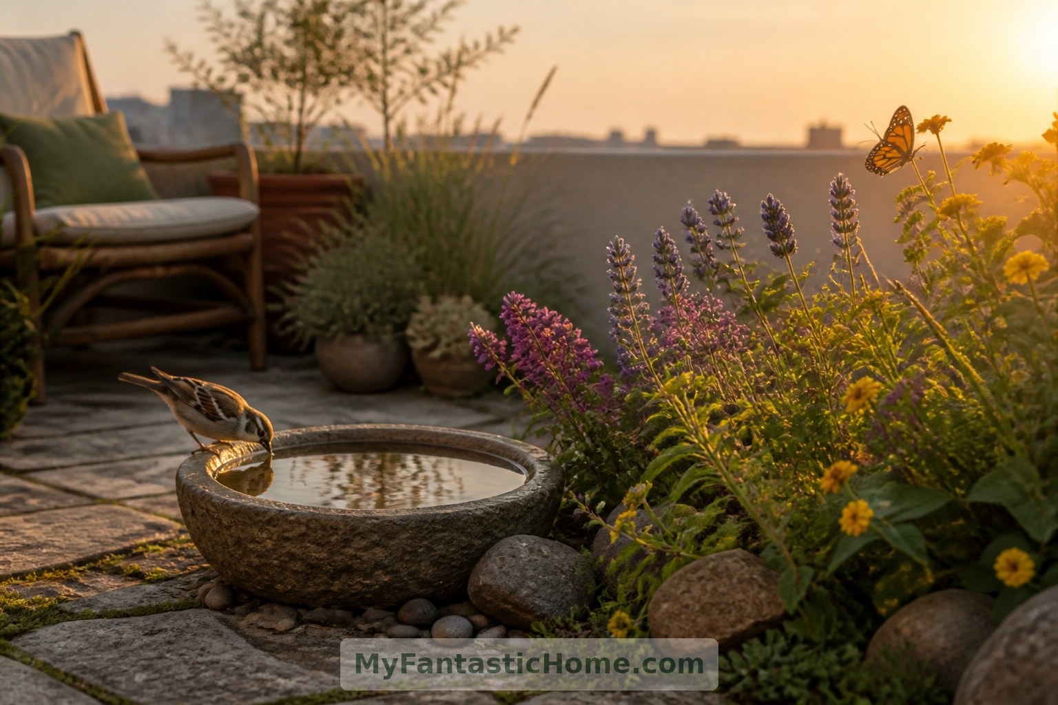 Eine flache Wasserschale und bestäuberfreundliche Blüten schaffen eine kleine Ecke, die auf Wildtiere ausgerichtet ist.