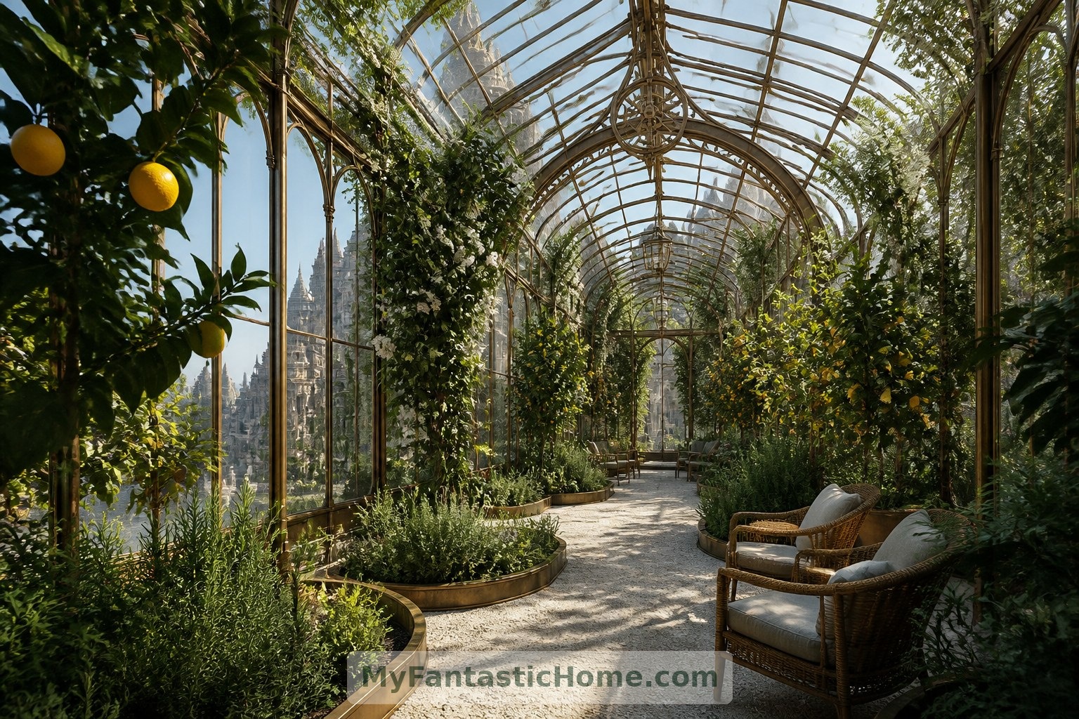 Ein fiktiver Wintergarten verbindet eine filigrane Verglasung mit Grün und bequemen Plätzen zum Innehalten.