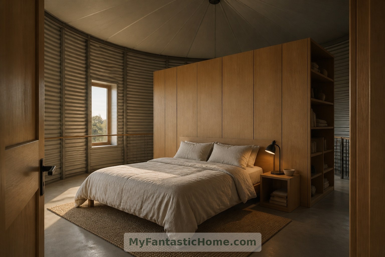 Fiktives Schlafzimmer: Ein Kleiderschrank als Raumteiler bietet Stauraum und eine Wand am Kopfende des Bettes, ohne den geschwungenen Umriss des Raumes zu verdecken.