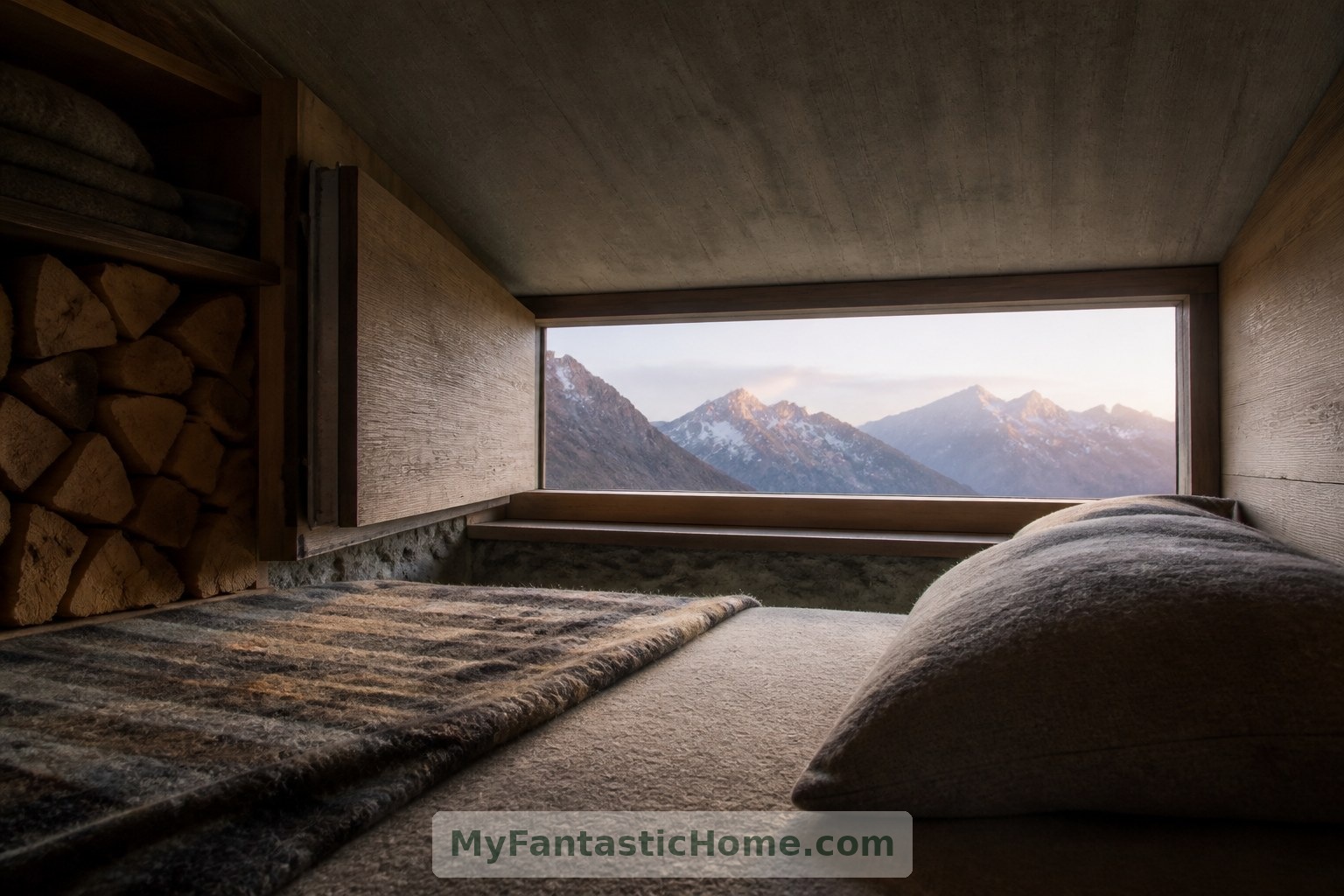 Ein niedriges Bett und ein sorgfältig platziertes Fenster prägen ein erholsames Schlafzimmer im erdachten Rückzugsort.