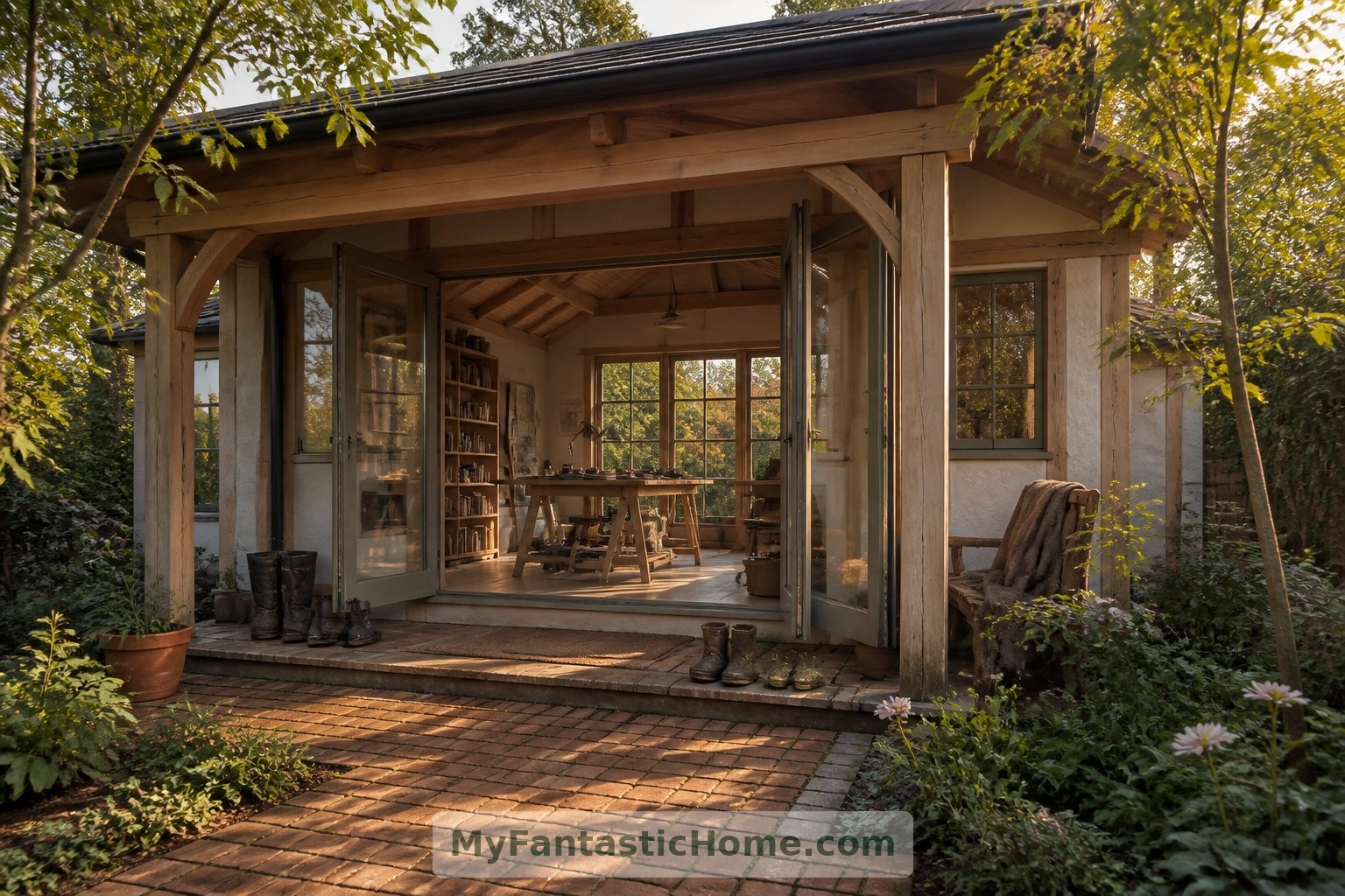 Ein geschützter Übergang zum Garten verbindet das fiktive Atelier mit einem Außenbereich zum Skizzieren und Ausruhen.