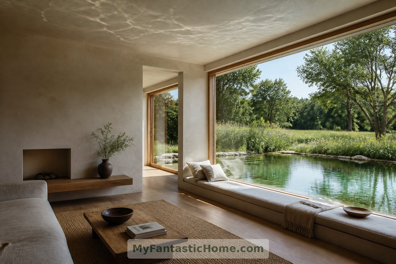 Ein Fenstersitz macht den Teich zum Teil des täglichen Lebens im Haus.