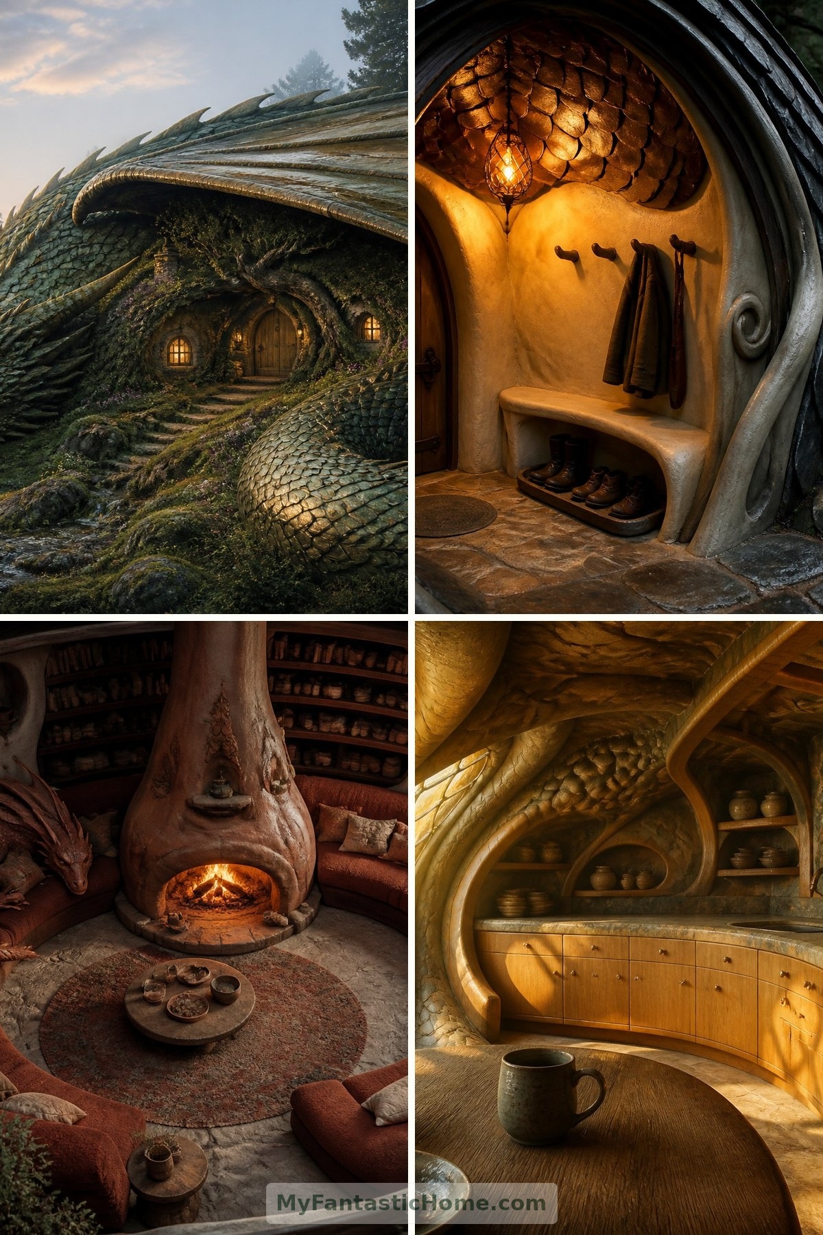 Ein erdachtes Zuhause in einem schlafenden Drachen: Feuerstellen, Schuppen und geheime Räume — Collage-Cover mit vier Bildern