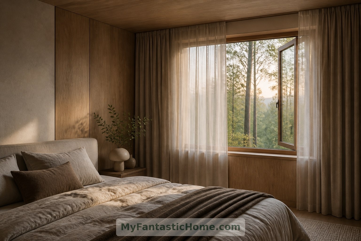 Seitenwände aus Holz und mehrlagige Vorhänge sorgen im imaginierten Schlafzimmer für Privatsphäre und Geborgenheit.