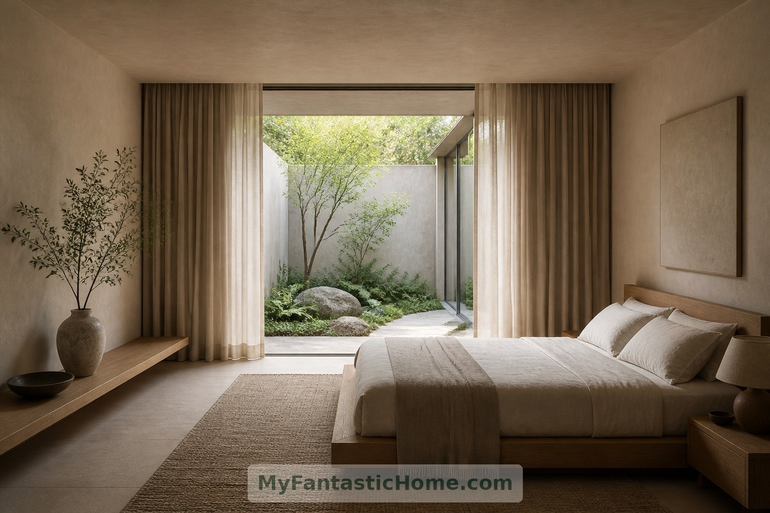 Eine niedrigere Decke und der Blick in den Innenhof verleihen dem fiktiven Hauptschlafzimmer eine geborgene Atmosphäre.