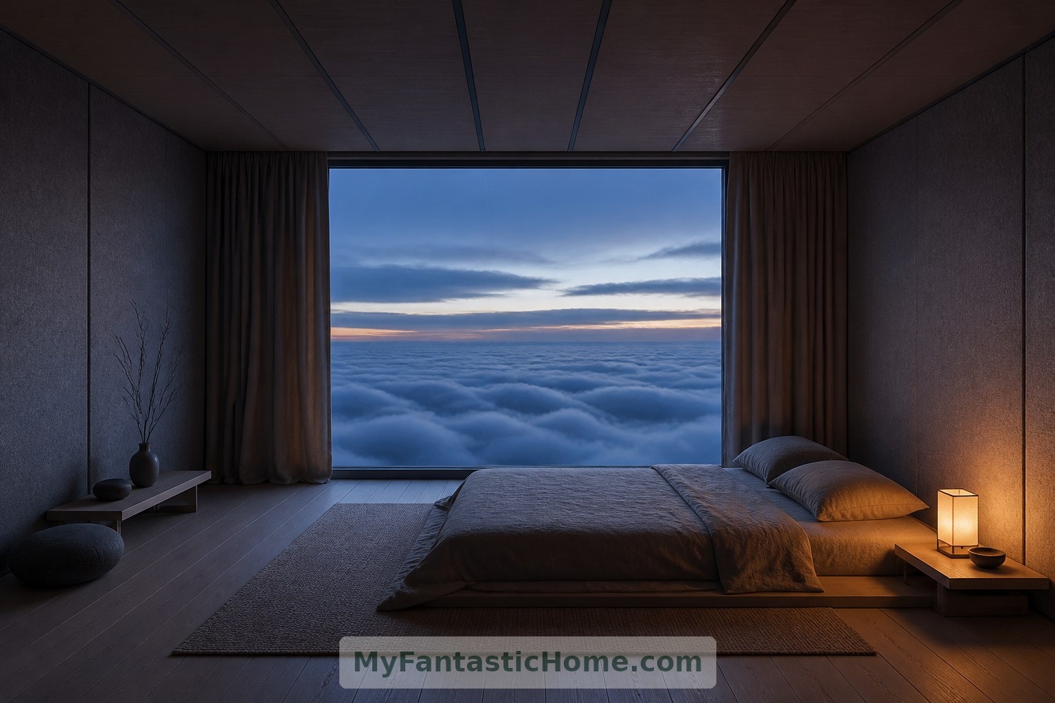 Mit Filz ausgekleidete Wände und schwere Vorhänge machen das Loft mit Wolkenblick zu einem Rückzugsort.