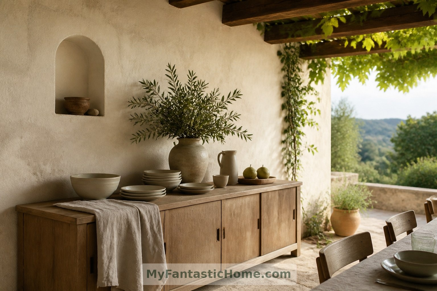 Ein wenig tiefes Sideboard im Freien hält alles Wichtige zum Servieren nahe bei Küche und Esstisch bereit.
