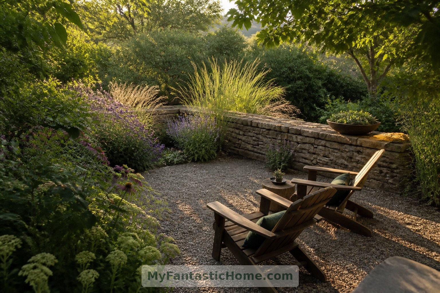 Kies, lockere Bepflanzung und zwei Stühle schaffen weiter unten am Hang einen ruhigeren Gartenraum.