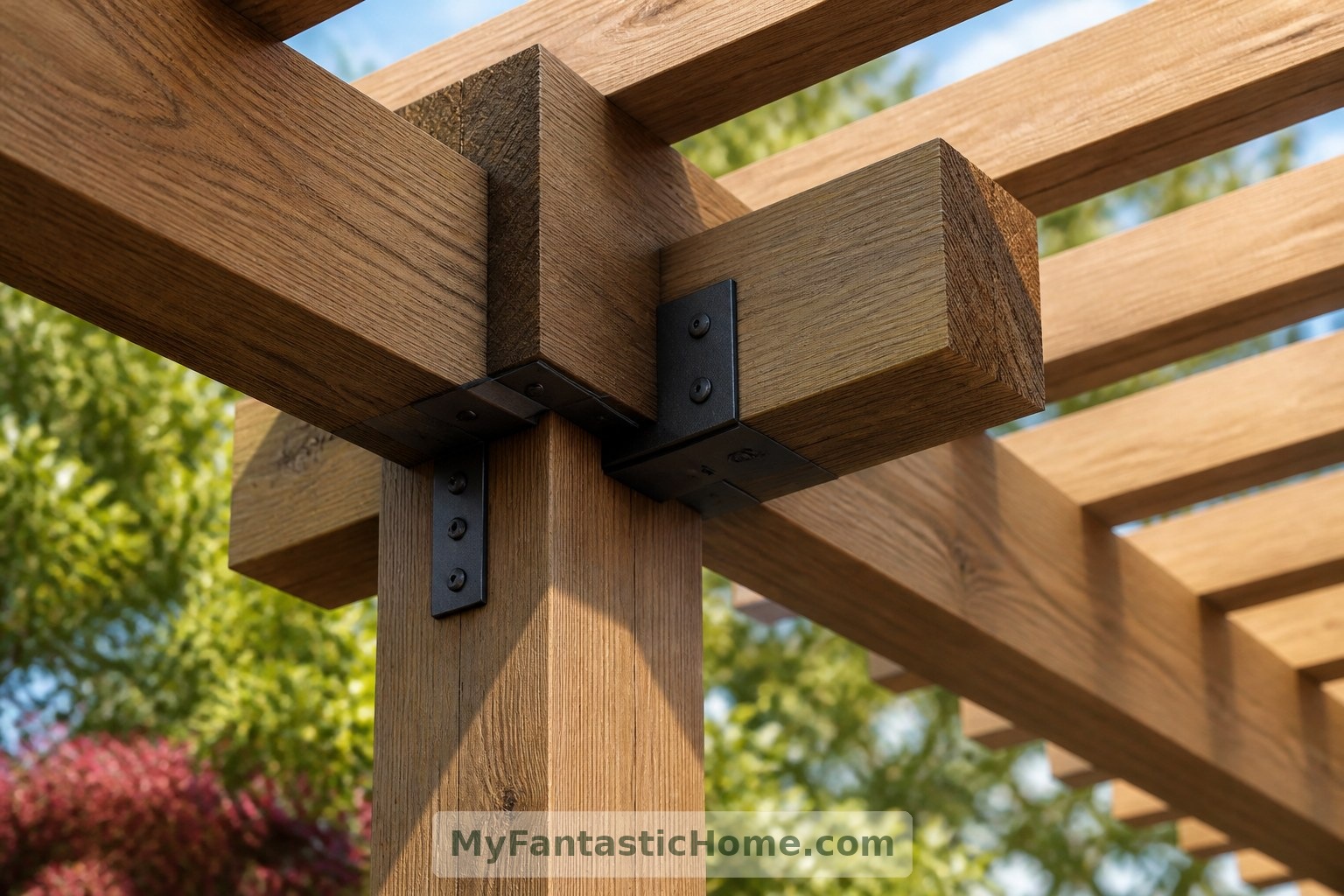 Dieses konzeptionelle Detail einer Holzverbindung verdeutlicht den konstruktiven Rhythmus aus Pfosten, Balken und regelmäßig angeordneten oberen Bauteilen.