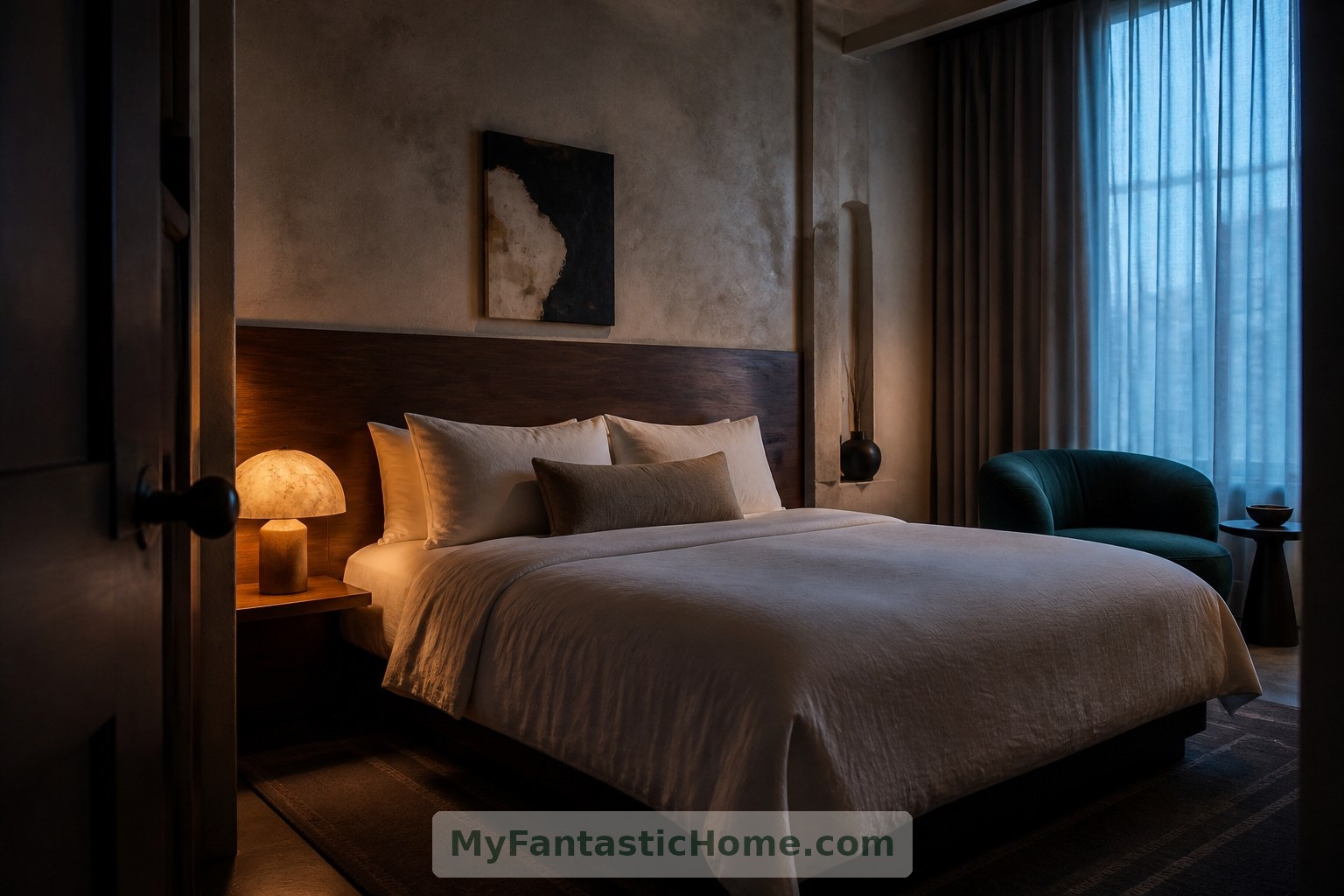 Fiktives Gästezimmer: Kunst, weiche Textilien und ein bequemer Sessel schaffen einen Rahmen für kontemplative Momente im Alltag.