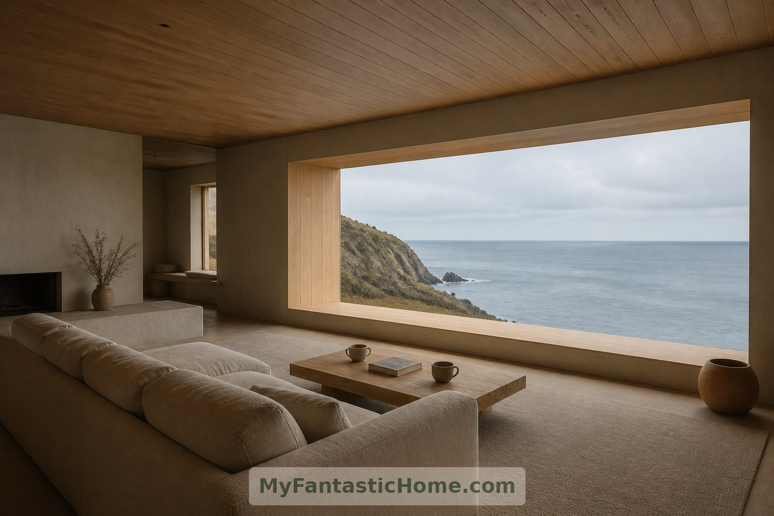 Deep window reveals, wool upholstery and a timber ceiling soften the imagined living room’s expansive sea outlook.