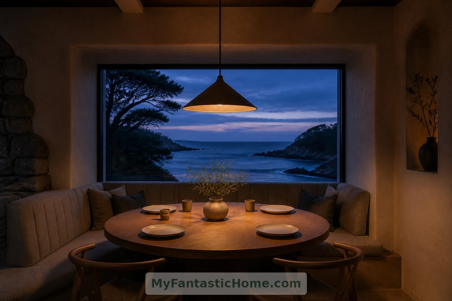 A recessed dining bay and warm pendant light create an intimate setting as the imagined coastal view darkens.