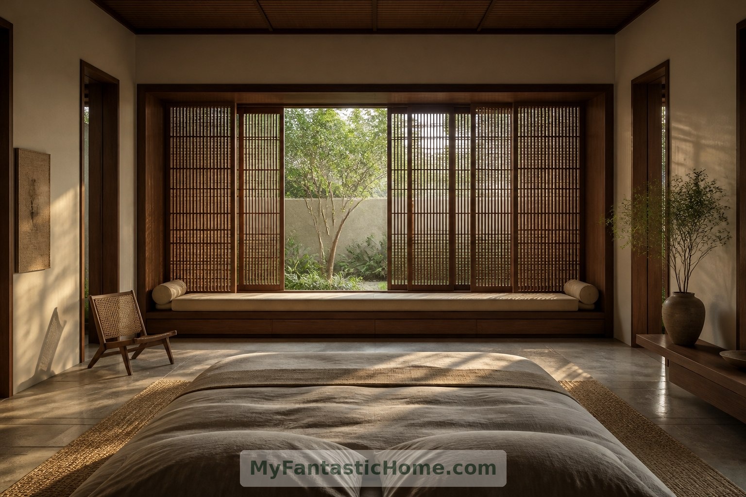 Adjustable timber screens would let occupants of the imagined bedroom balance daylight, views and privacy.