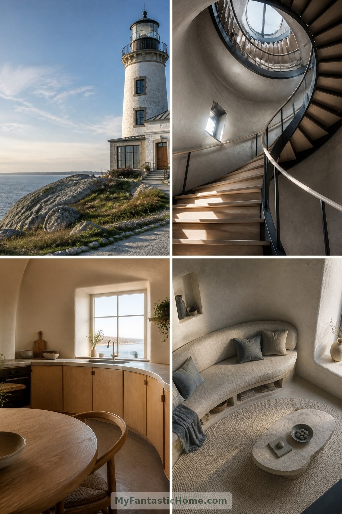 Inside a Converted Lighthouse Home: Life Around a Spiral Staircase — four-image collage cover