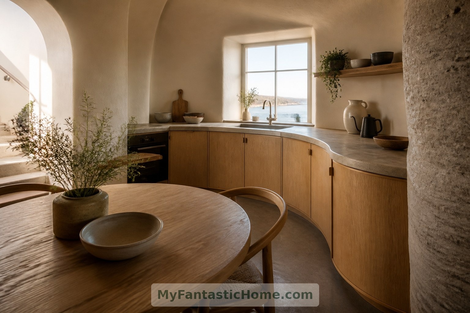 Curved cabinetry and a compact round table make thoughtful use of the imagined kitchen’s unusual footprint.