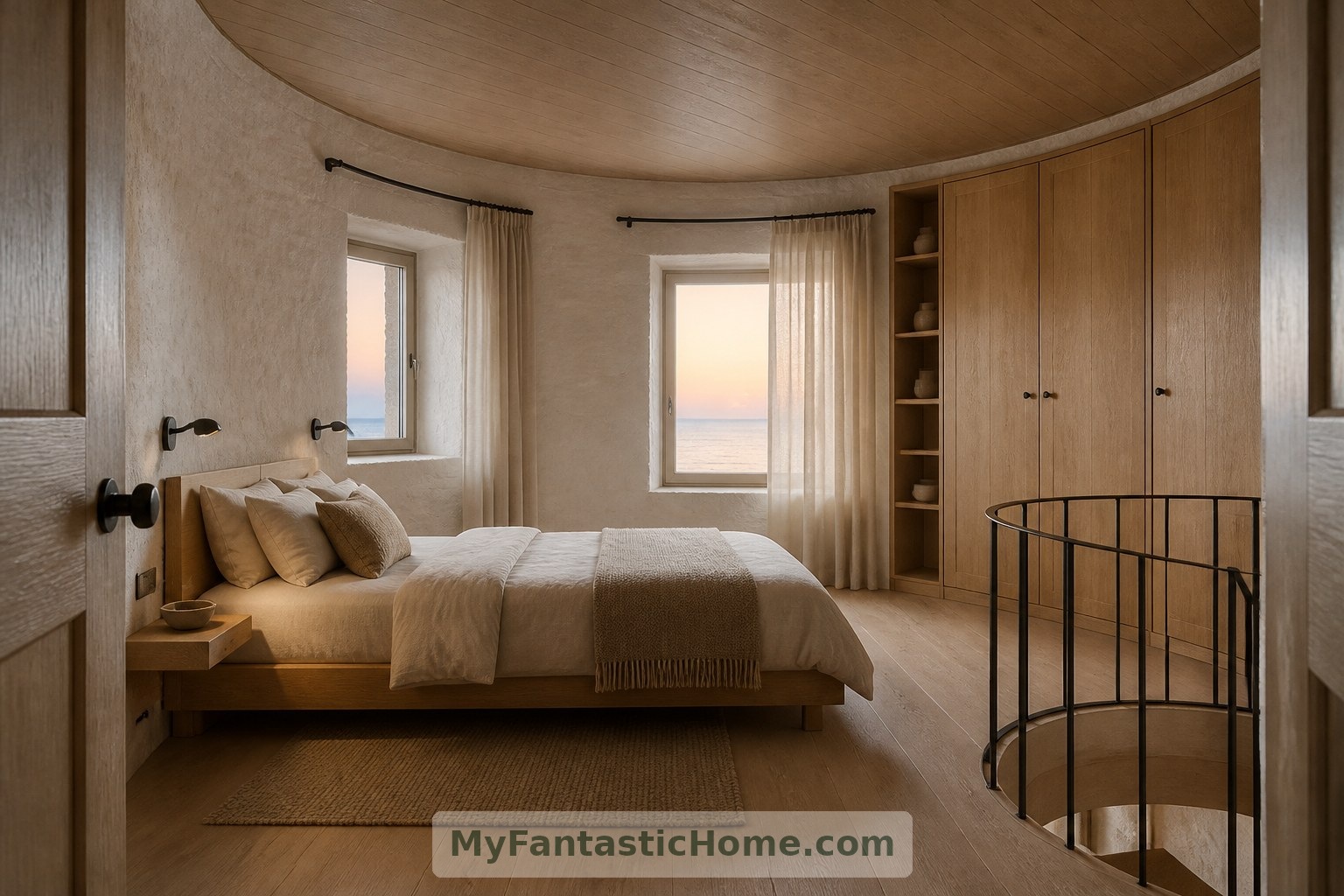 A low bed, fitted storage and soft curtains bring a restful simplicity to the imagined rounded bedroom.