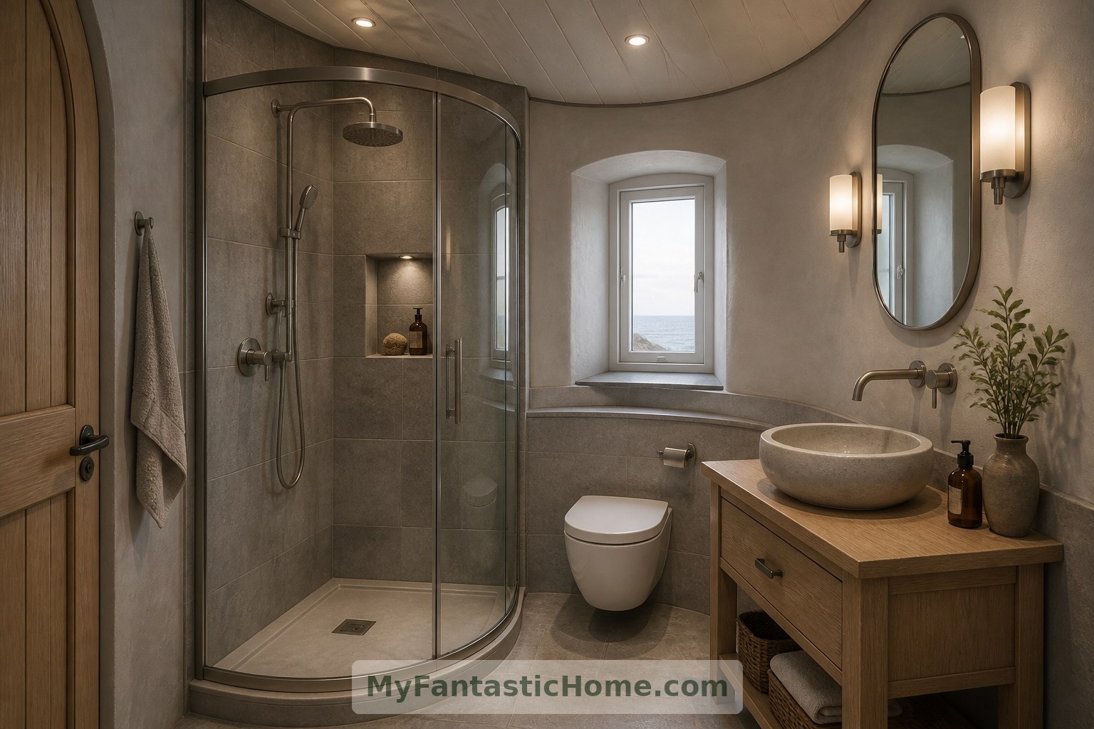 The proposed bathroom pairs compact fittings with warm materials; plumbing and moisture control would need professional planning.