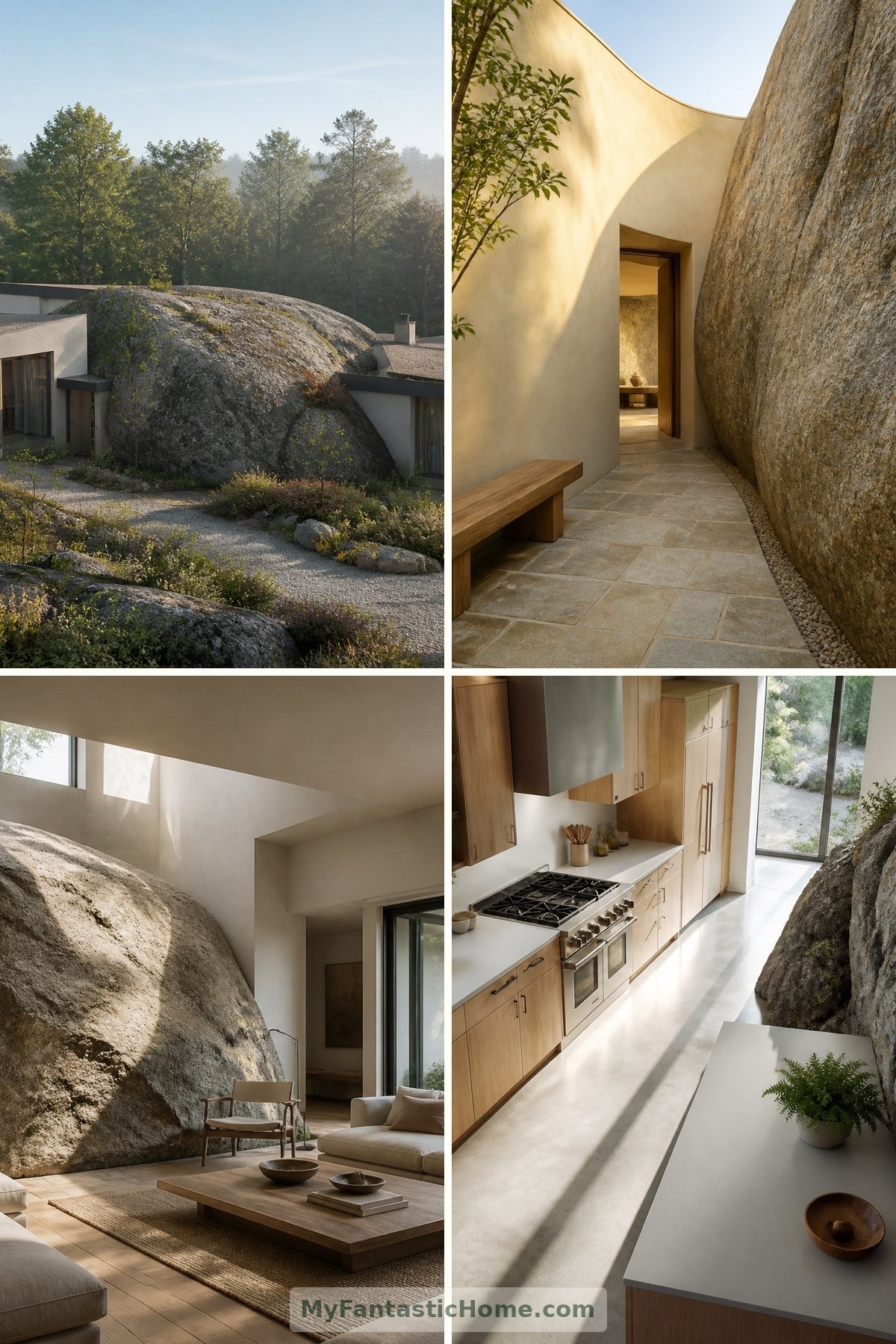Houses Built Around Boulders: When Nature Shapes the Floor Plan — four-image collage cover