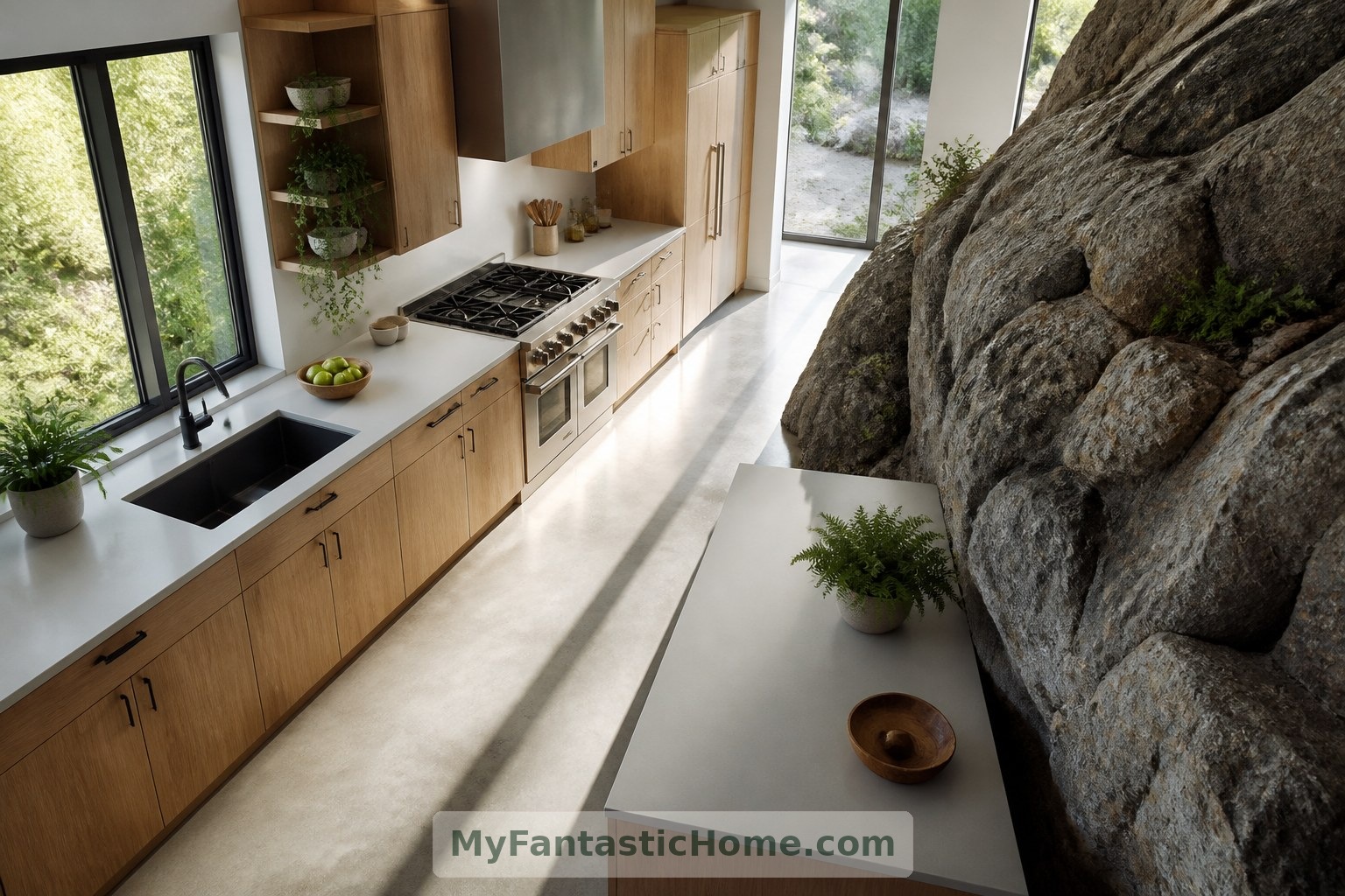 Imagined kitchen: straight cabinetry preserves a practical working aisle beside the irregular rock.
