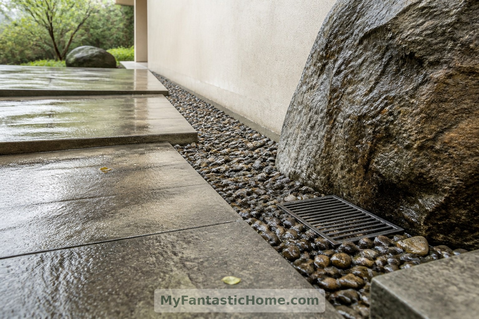 Wet paving, a gravel strip and a drainage grate sit beside the boulder in this imagined courtyard.