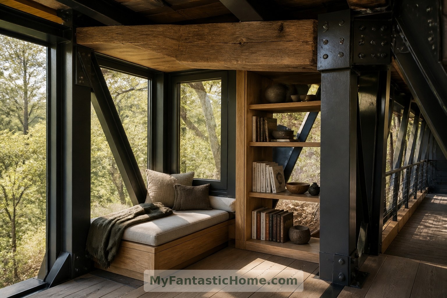Exposed framing and built-in seating bring the fictional home’s structural rhythm into its rooms.