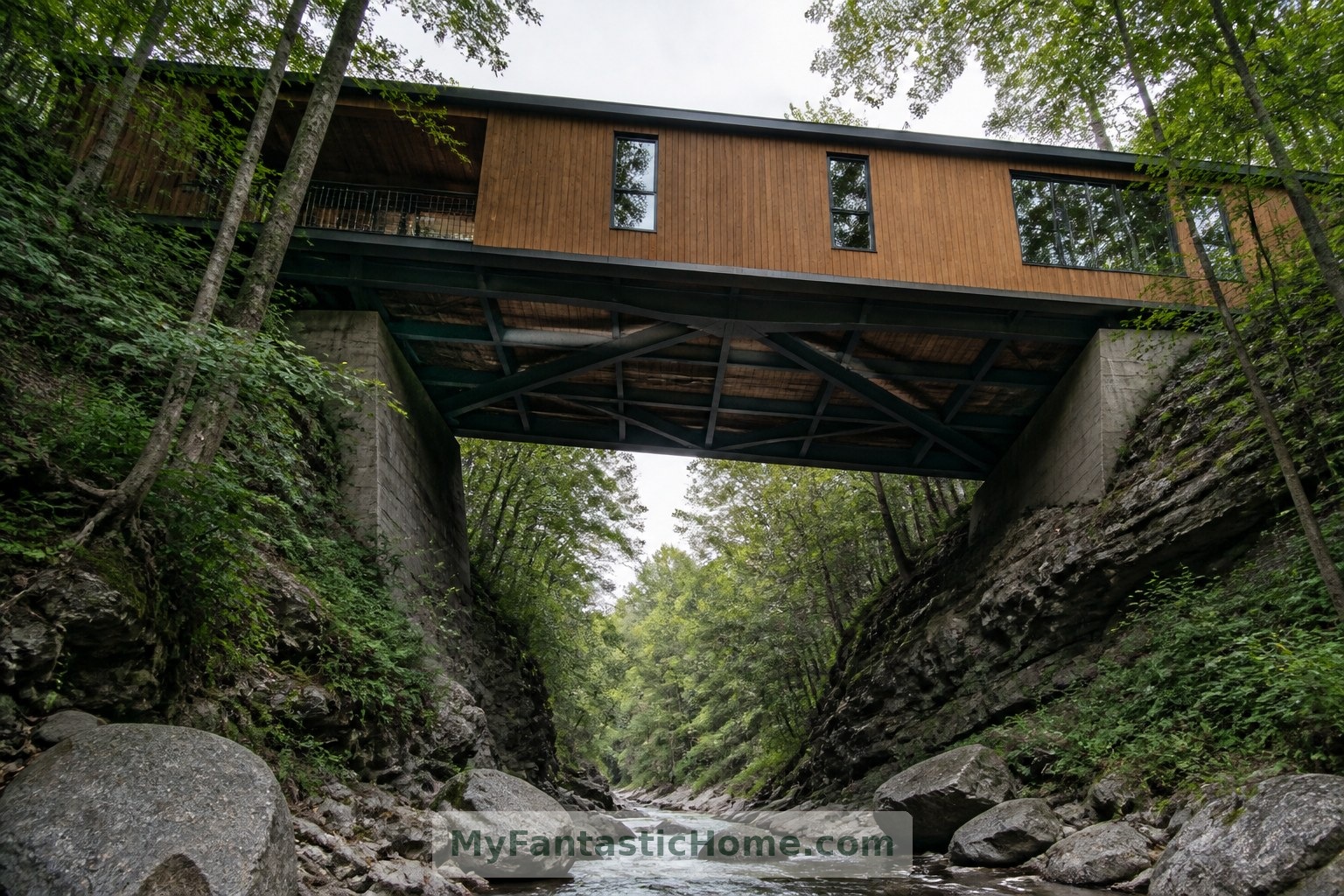 An underside view explores the imagined span; any real design would require site-specific engineering.