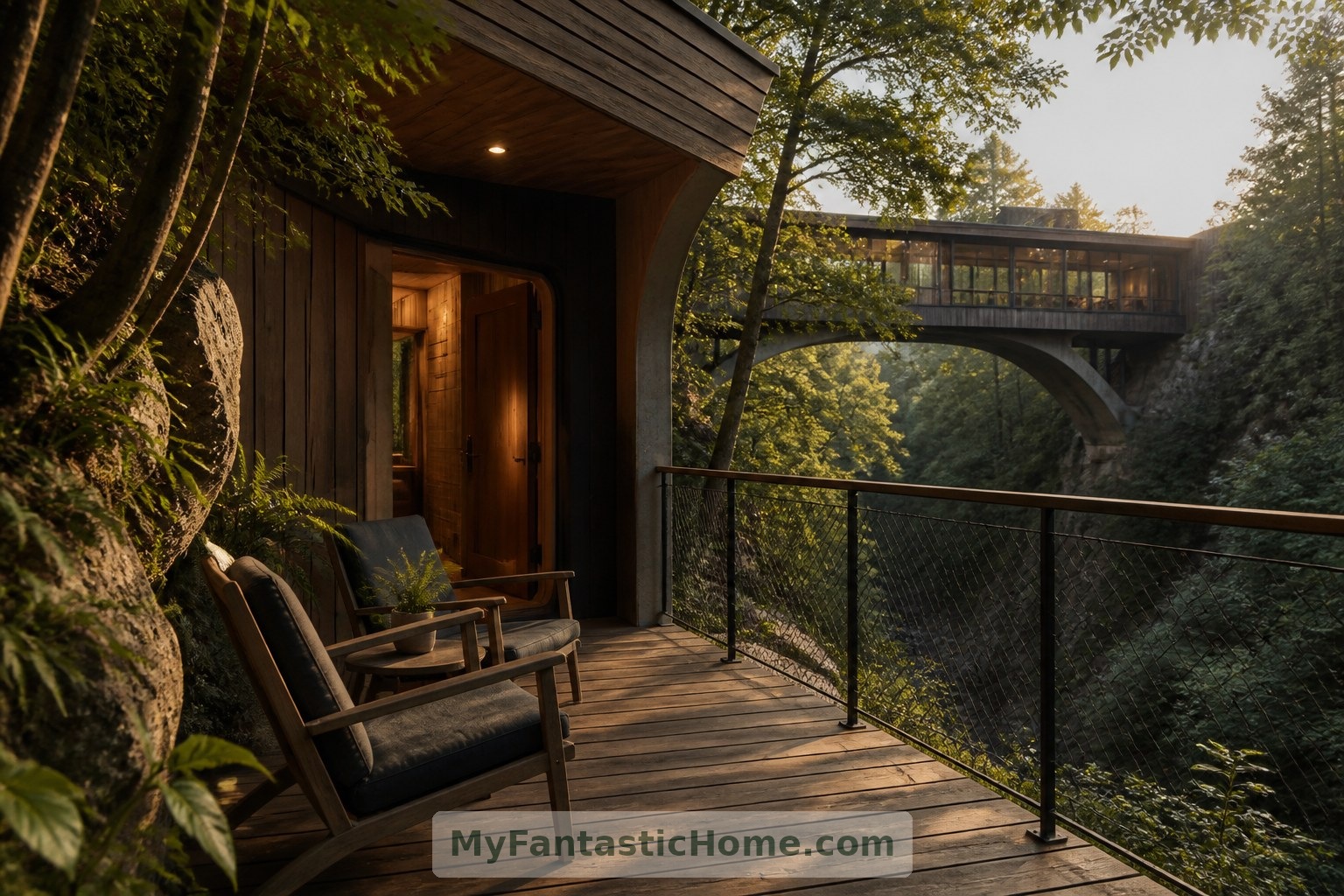 A modest bank-side terrace offers an outdoor retreat beside the fictional home.