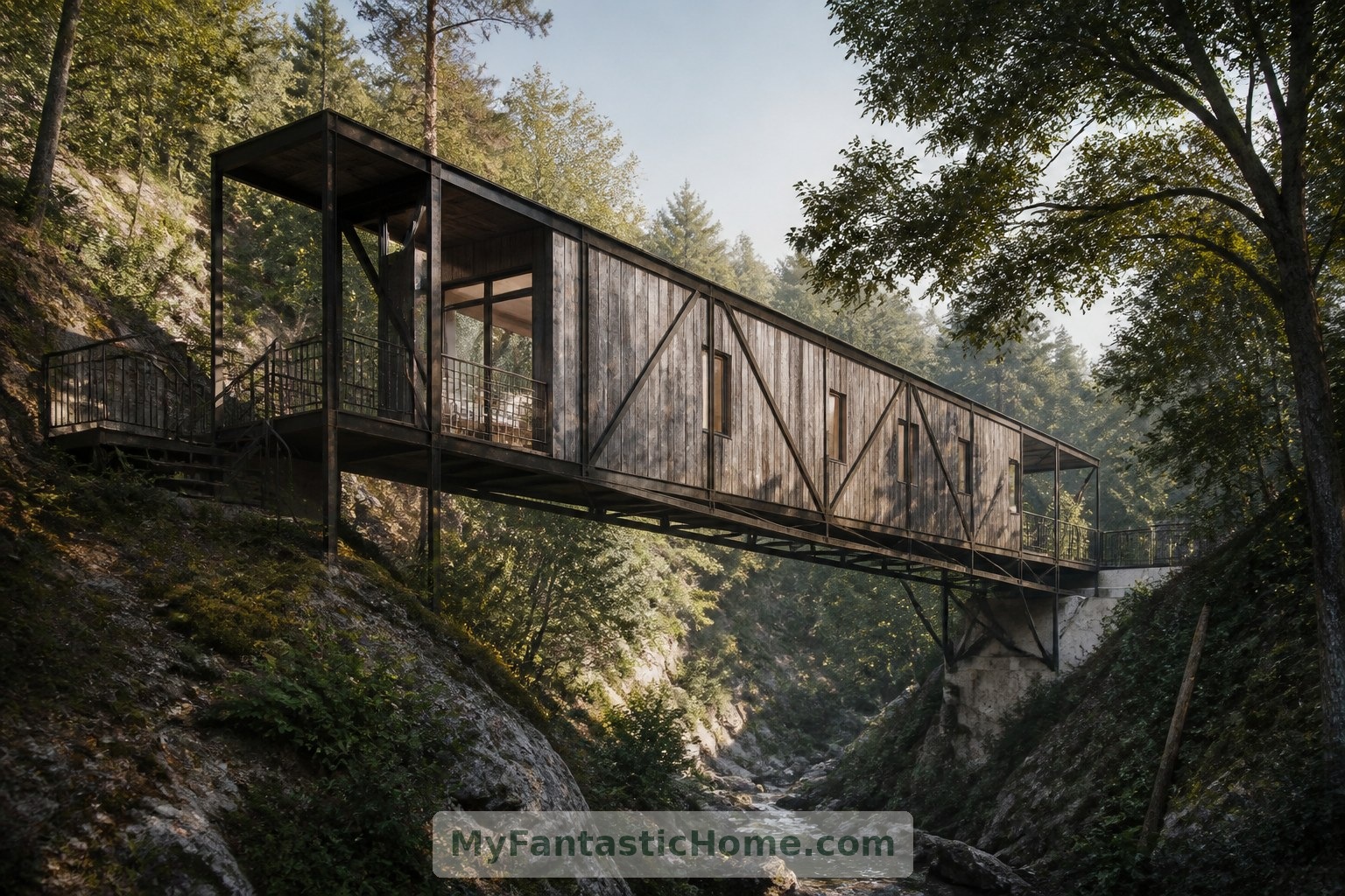 This fictional bridge home imagines a slender timber volume connecting two wooded banks.