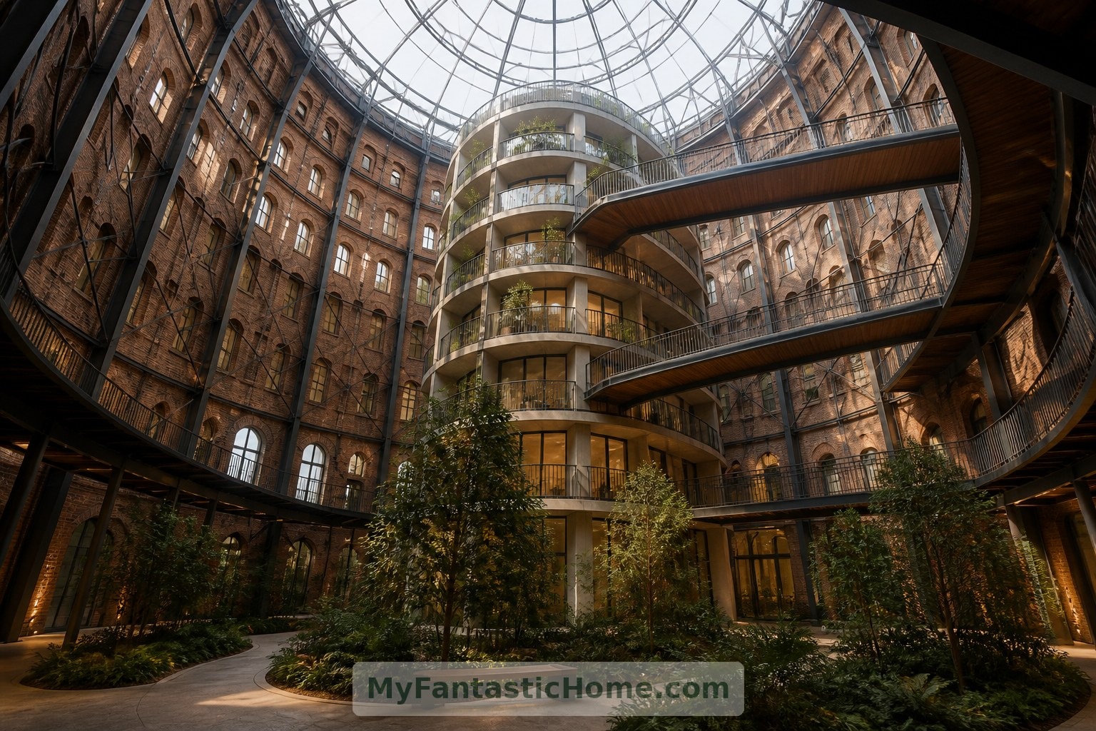 The fictional central atrium combines shared circulation, places to pause and planting that would need carefully planned maintenance.