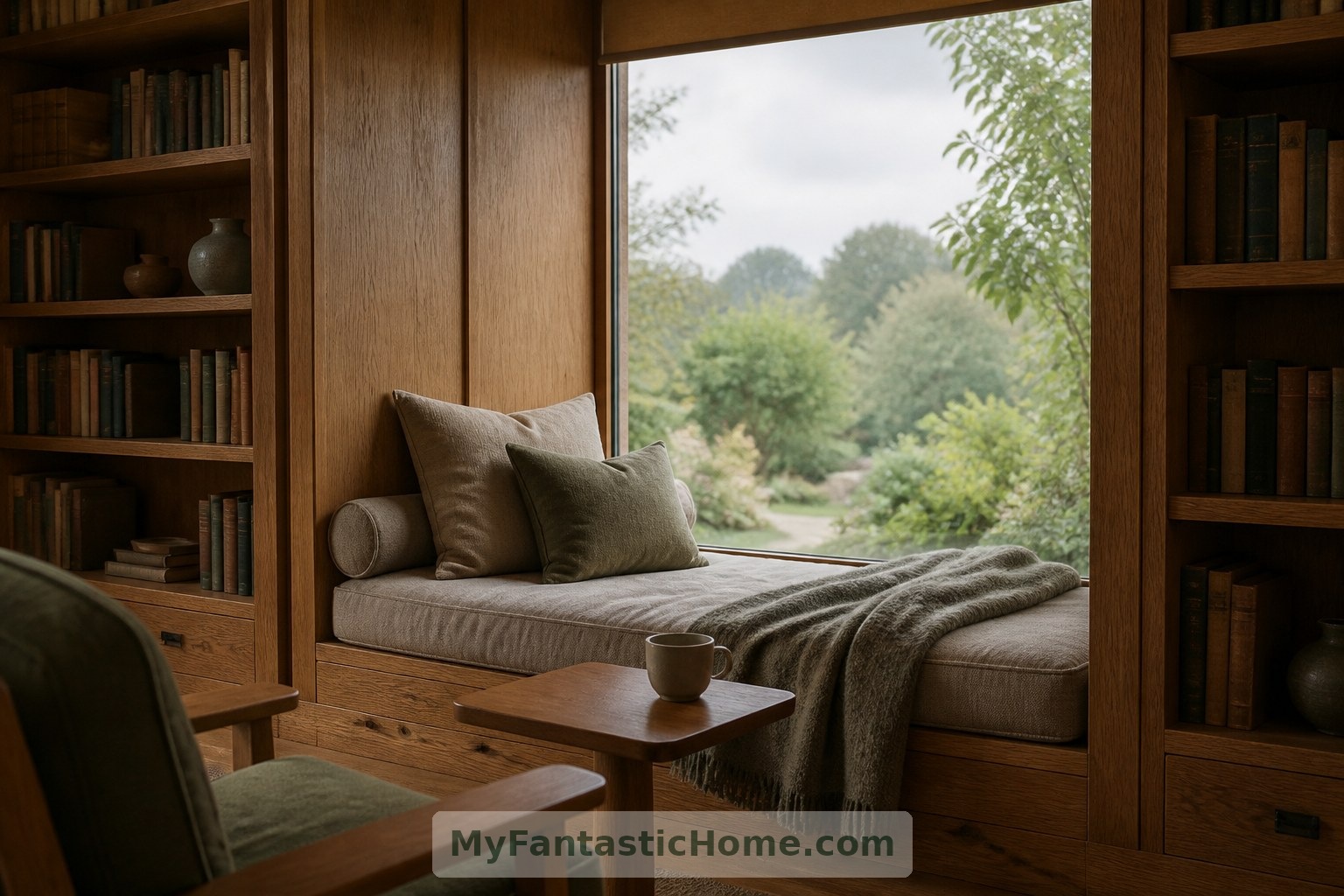 A cushioned window seat creates an intimate reading nook within the library’s larger volume.