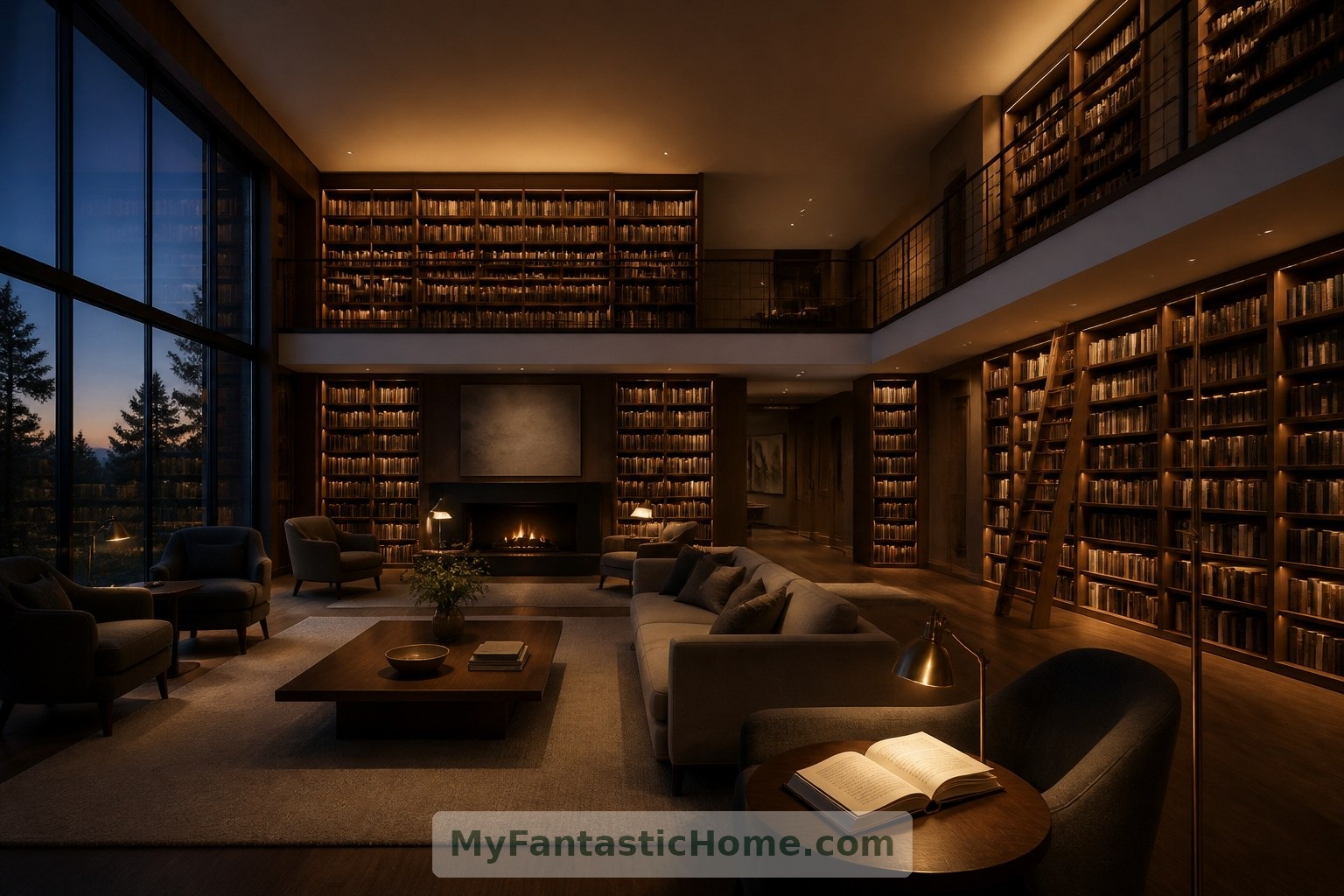 Layered evening lighting illuminates shelves, architecture and reading positions separately.