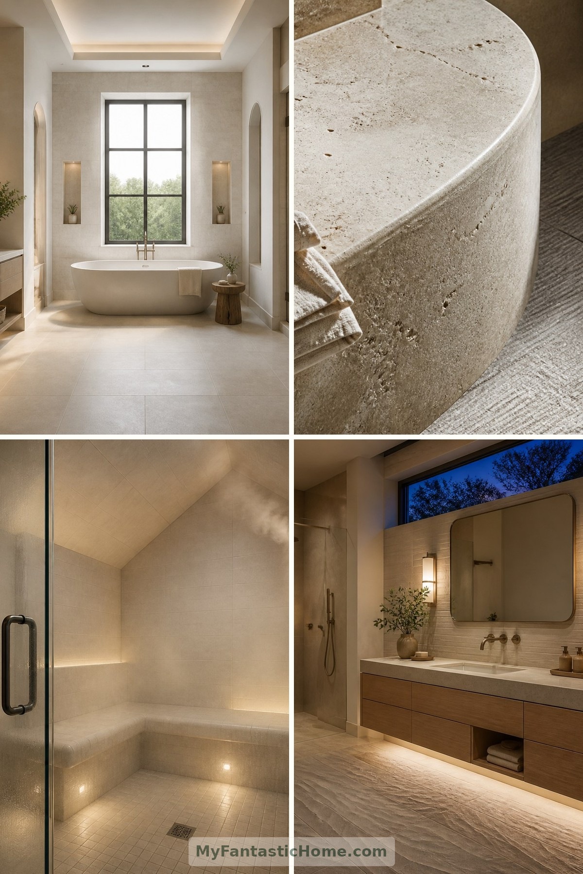 Bathrooms That Feel Like Private Spas: Stone, Steam and Soft Light — four-image collage cover