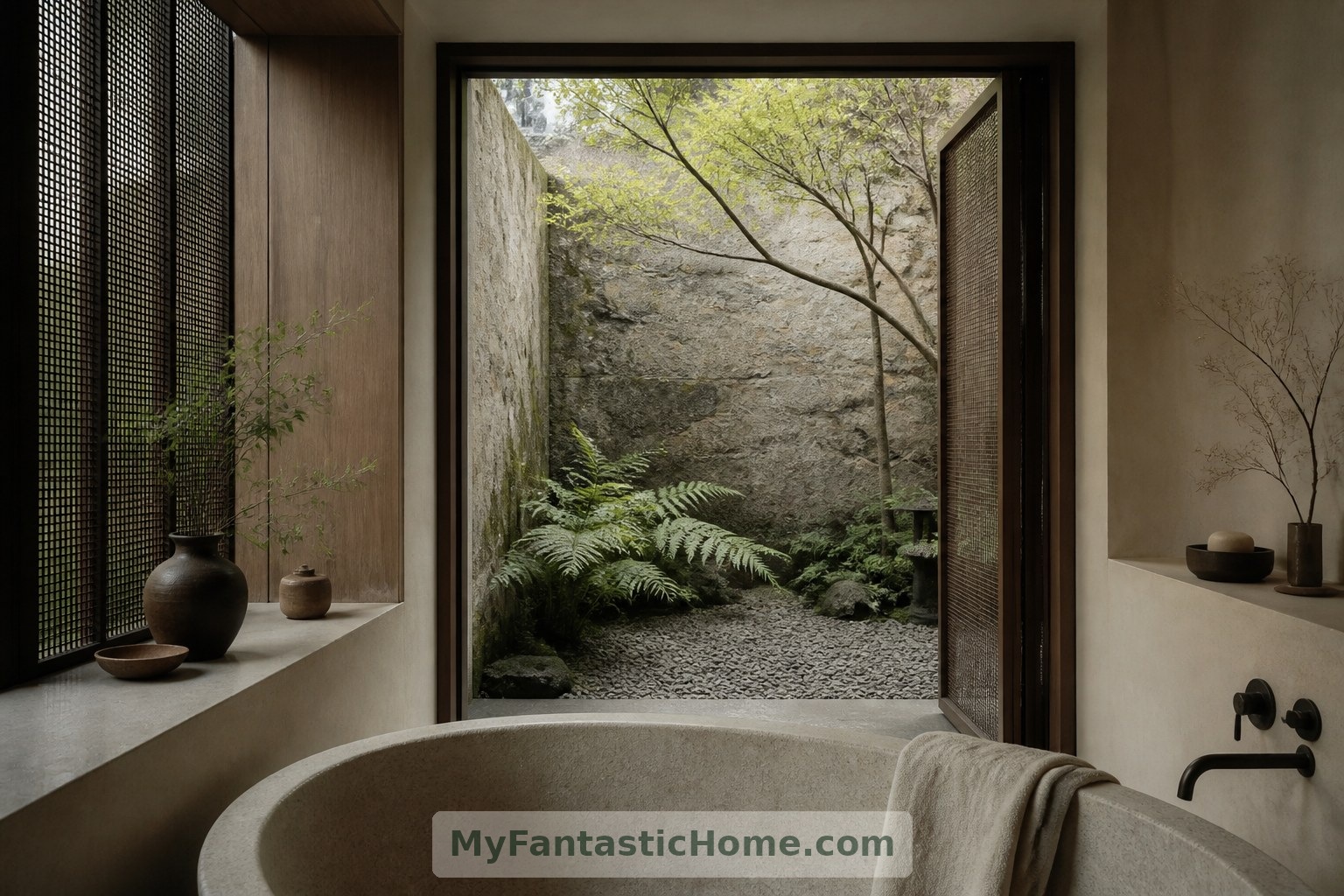In this fictional courtyard home, screened glazing frames greenery while preserving the bathroom's privacy.