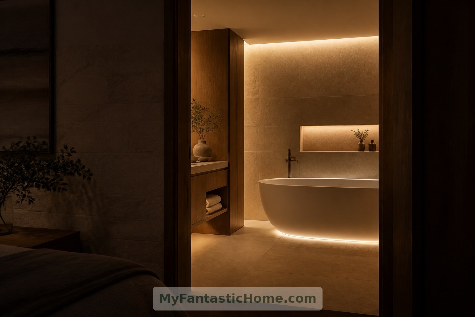 Viewed from the bedroom, the imagined bathroom becomes a softly lit retreat at the end of the day.
