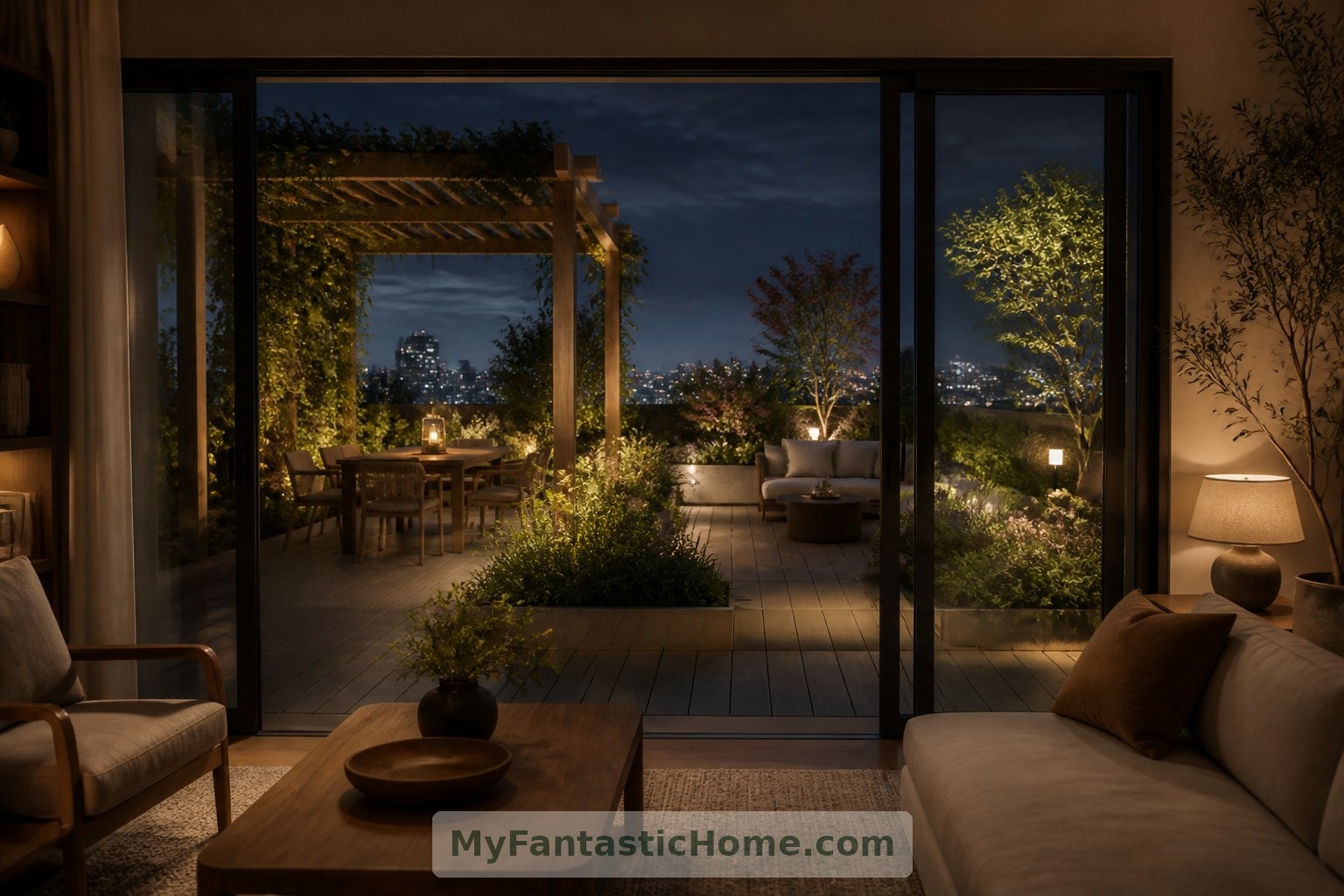 Seen from indoors, the imagined rooftop becomes a softly lit extension of the living space.