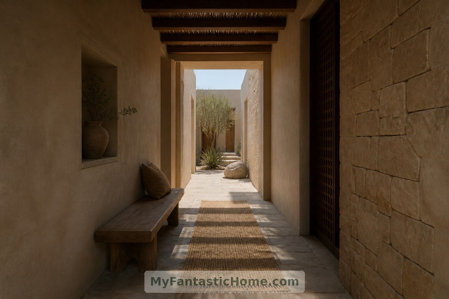 Imagined entrance passage: stone, timber and a glimpse of daylight create a gentle transition into the courtyard.