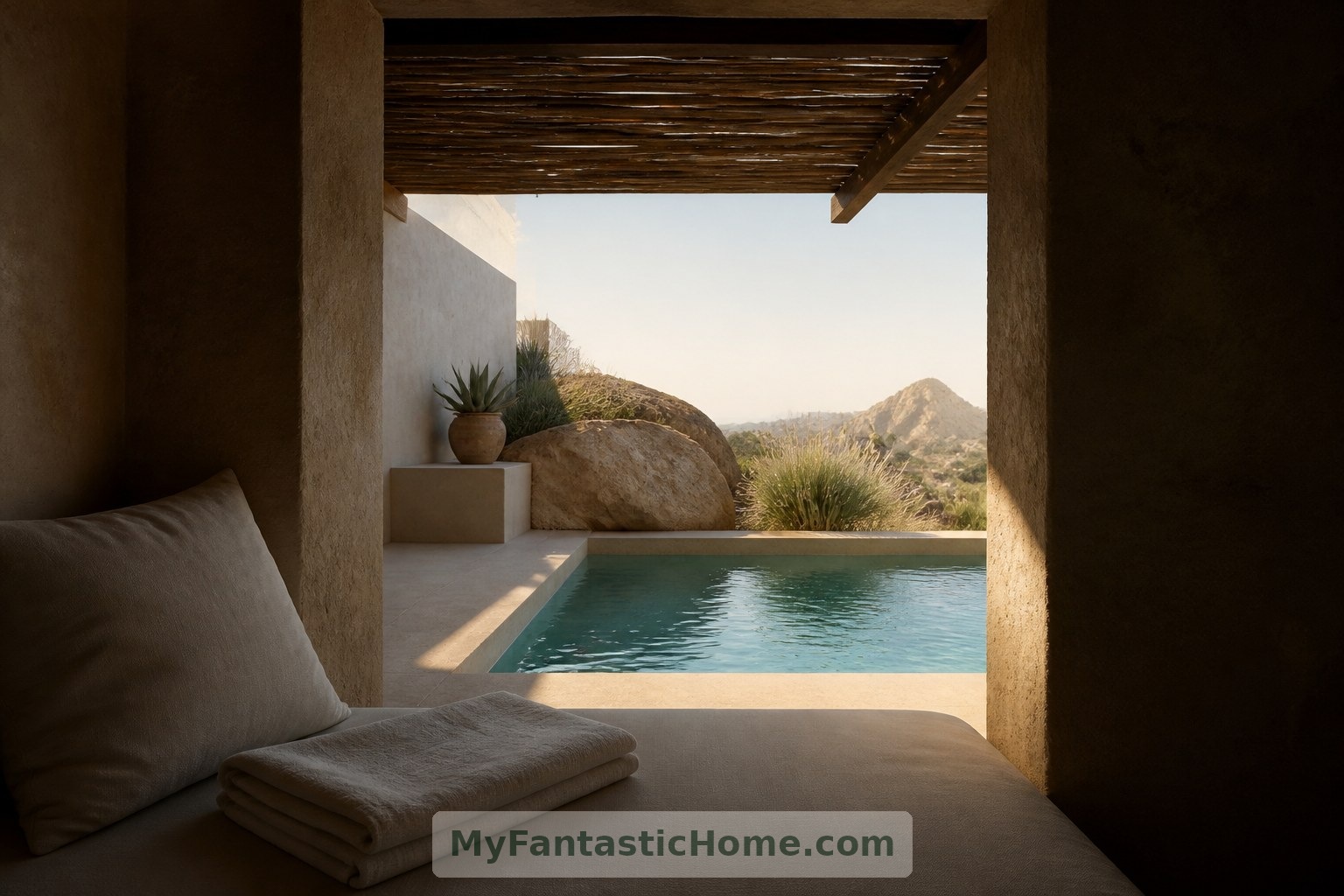 Imagined poolside alcove: a shaded sitting ledge brings the water close without enlarging the pool.