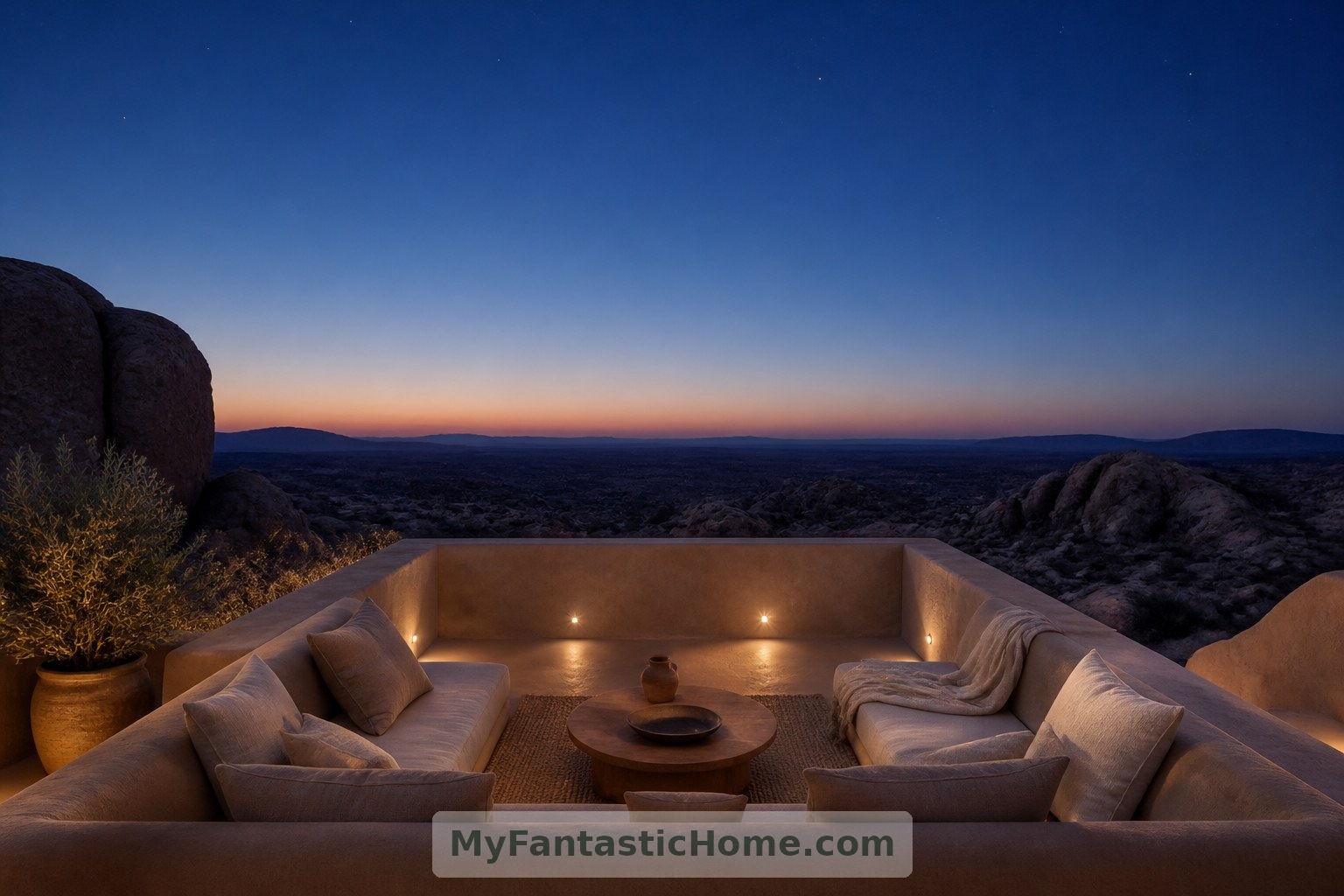 Imagined rooftop terrace: subdued lighting preserves the visual focus on dusk, the horizon and the emerging stars.