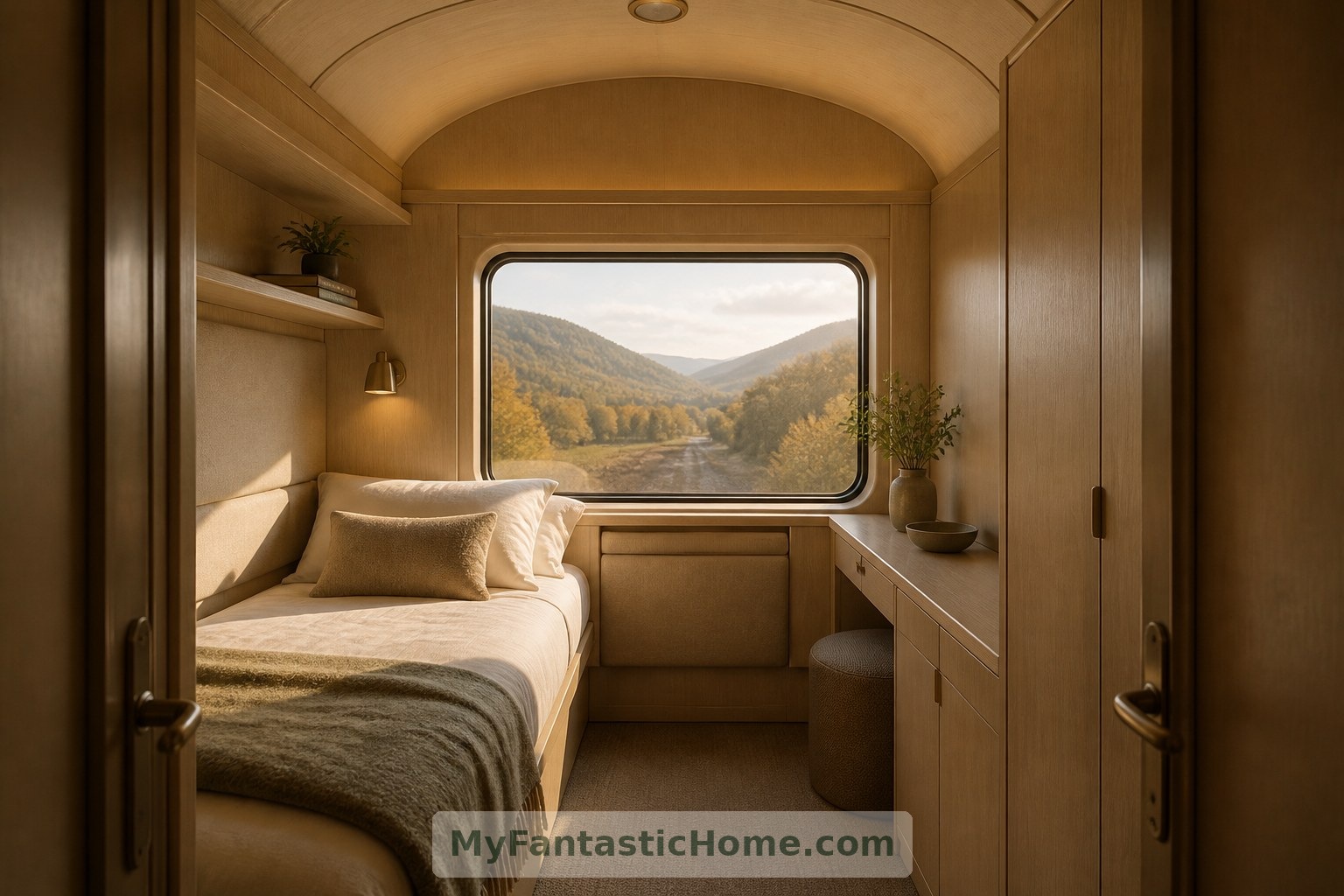 Pale timber and cream linen give the proposed private compartment a calm, domestic character.