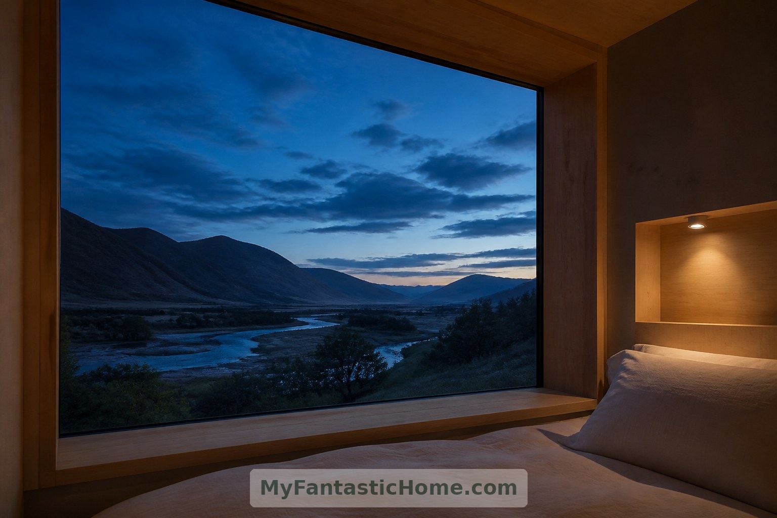 An imagined evening view captures the appeal of a small room shaped by light and landscape.