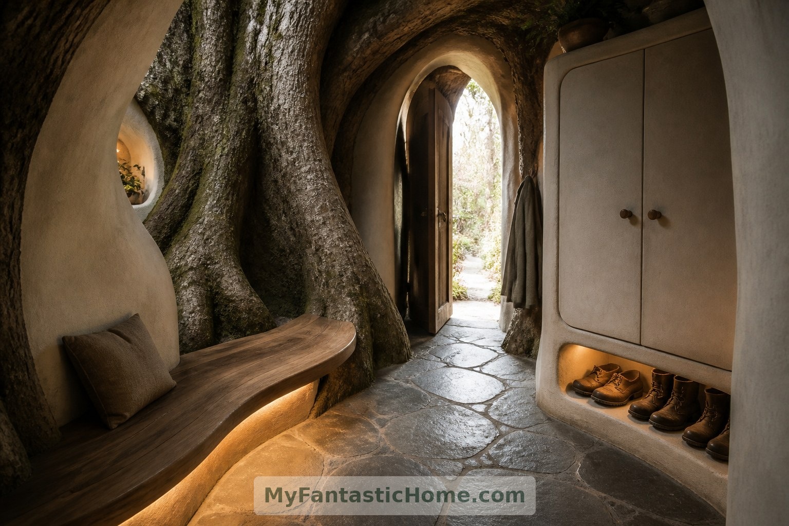 The imagined entrance combines a curved bench, practical boot storage and a durable slate floor.