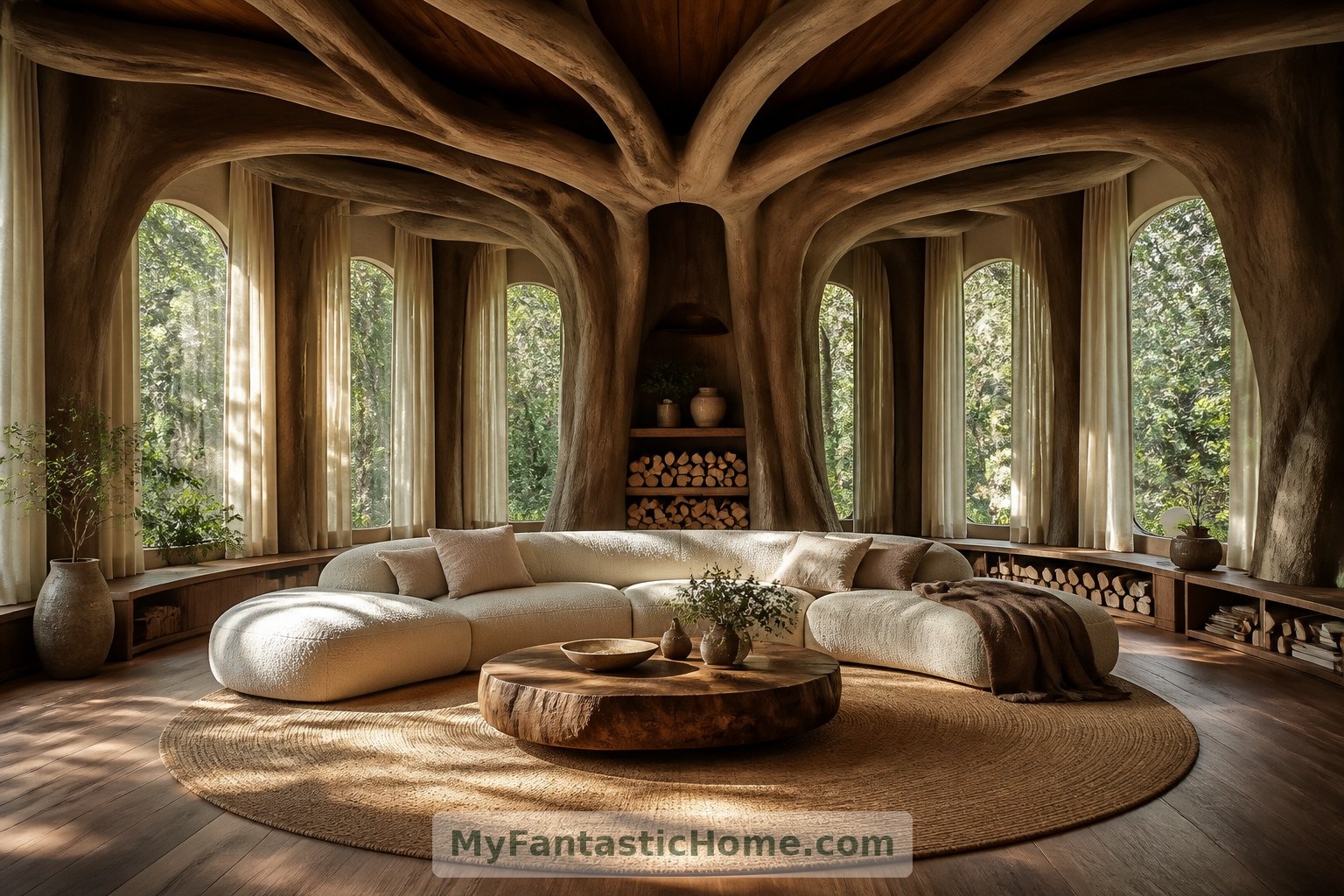 Within the fictional trunk, soft furnishings and tall windows give the circular living room a calm, welcoming character.