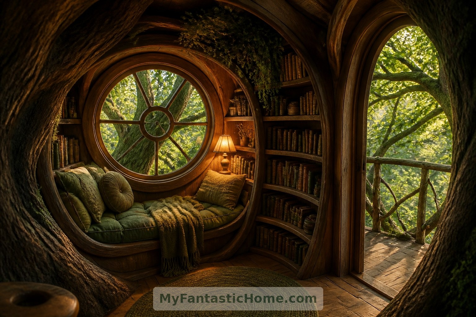 A round-window reading niche makes the imagined library a comfortable pause before stepping toward the canopy.