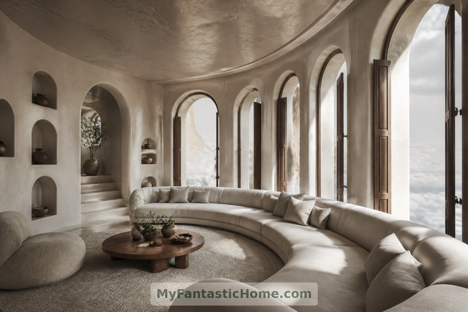 Curved seating follows the arched windows of this fictional palace lounge above the clouds.