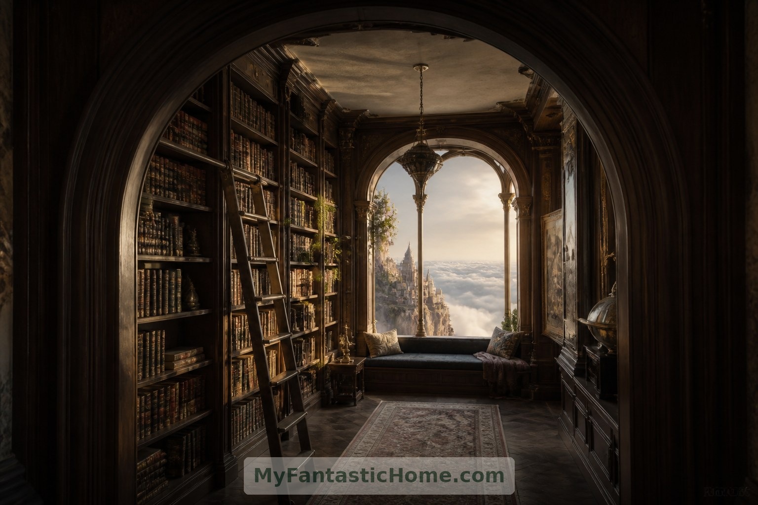 A timber-lined library offers an intimate reading retreat within the imagined palace.